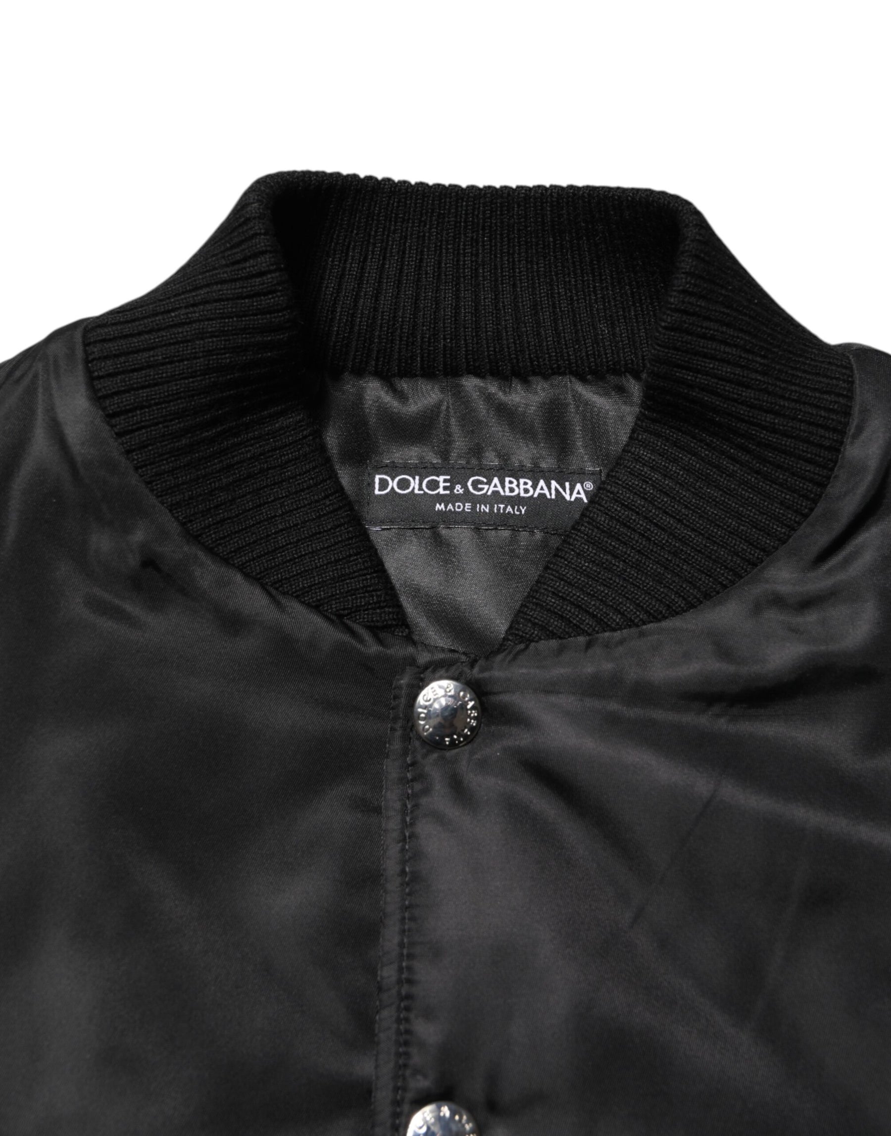 Dolce & Gabbana Black Polyester Logo Plaque Bomber Jacket | Regal Royce