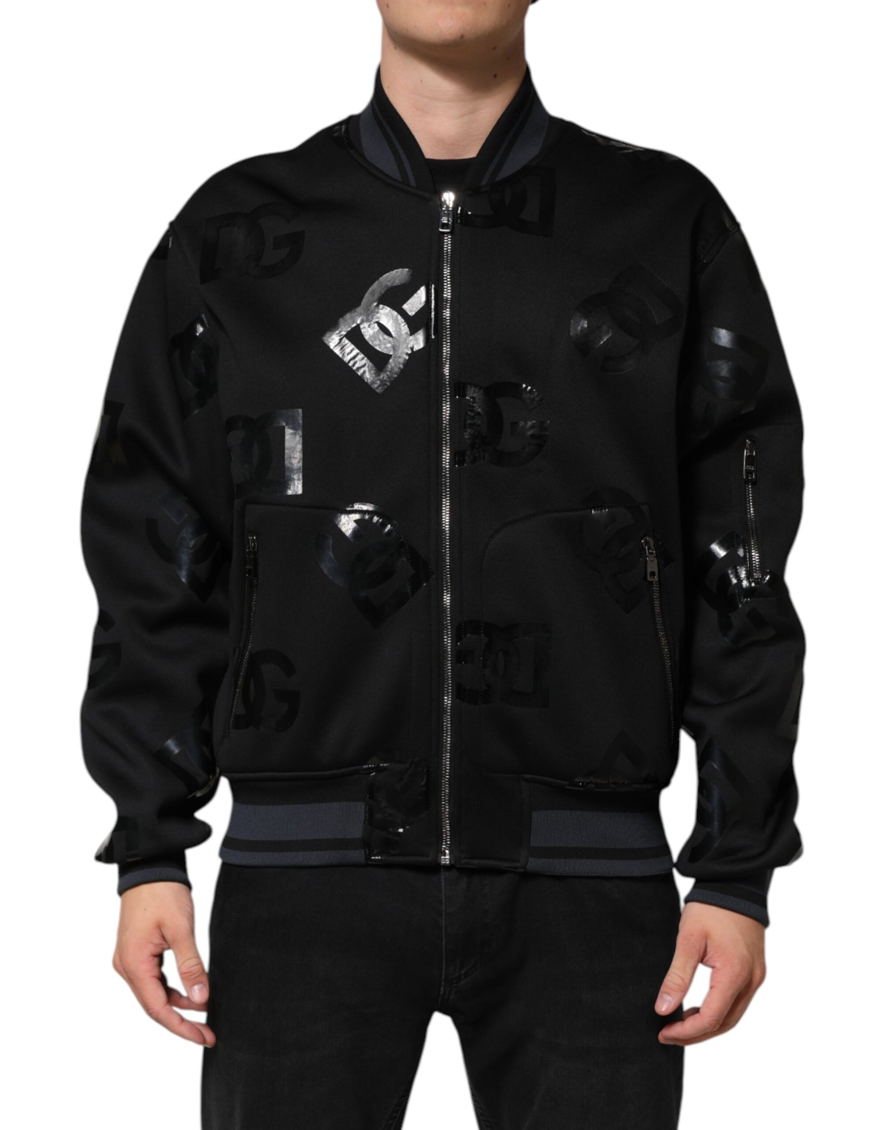 Dolce & Gabbana Black Wool Logo DG Mania Men Bomber Jacket | Regal Royce