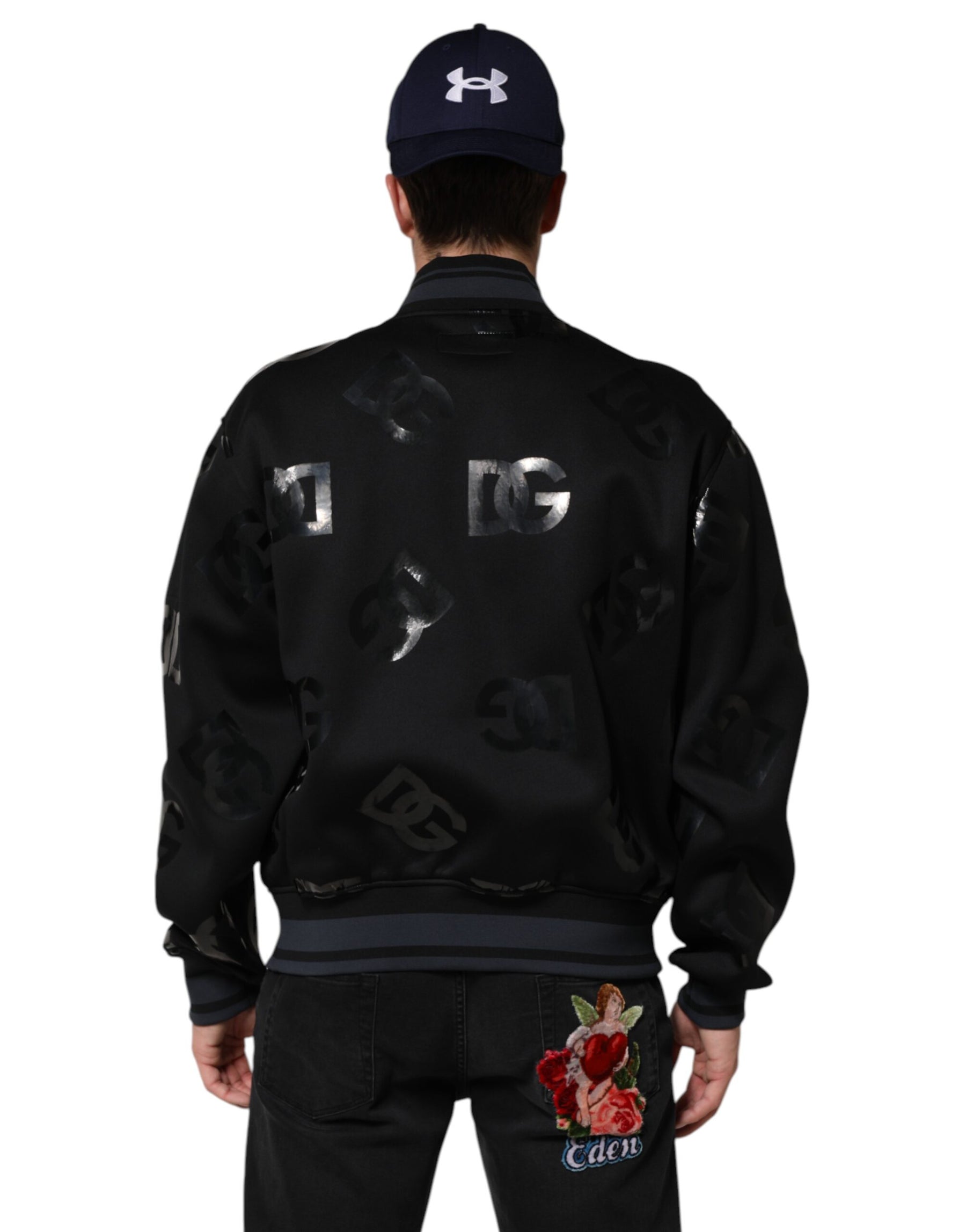 Dolce & Gabbana Black Wool Logo DG Mania Men Bomber Jacket | Regal Royce