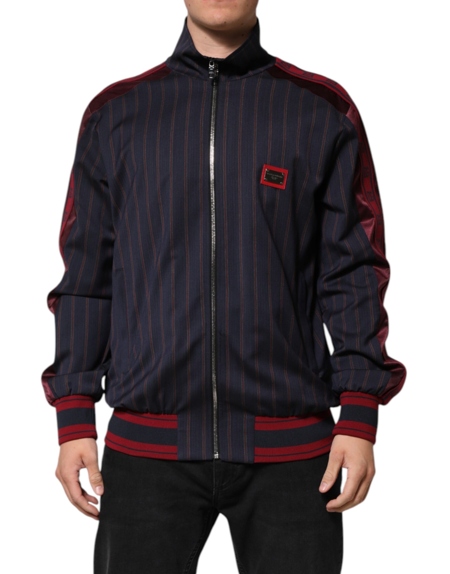 Dolce & Gabbana Blue Red Striped Logo Plaque Full Zip Jacket | Regal Royce