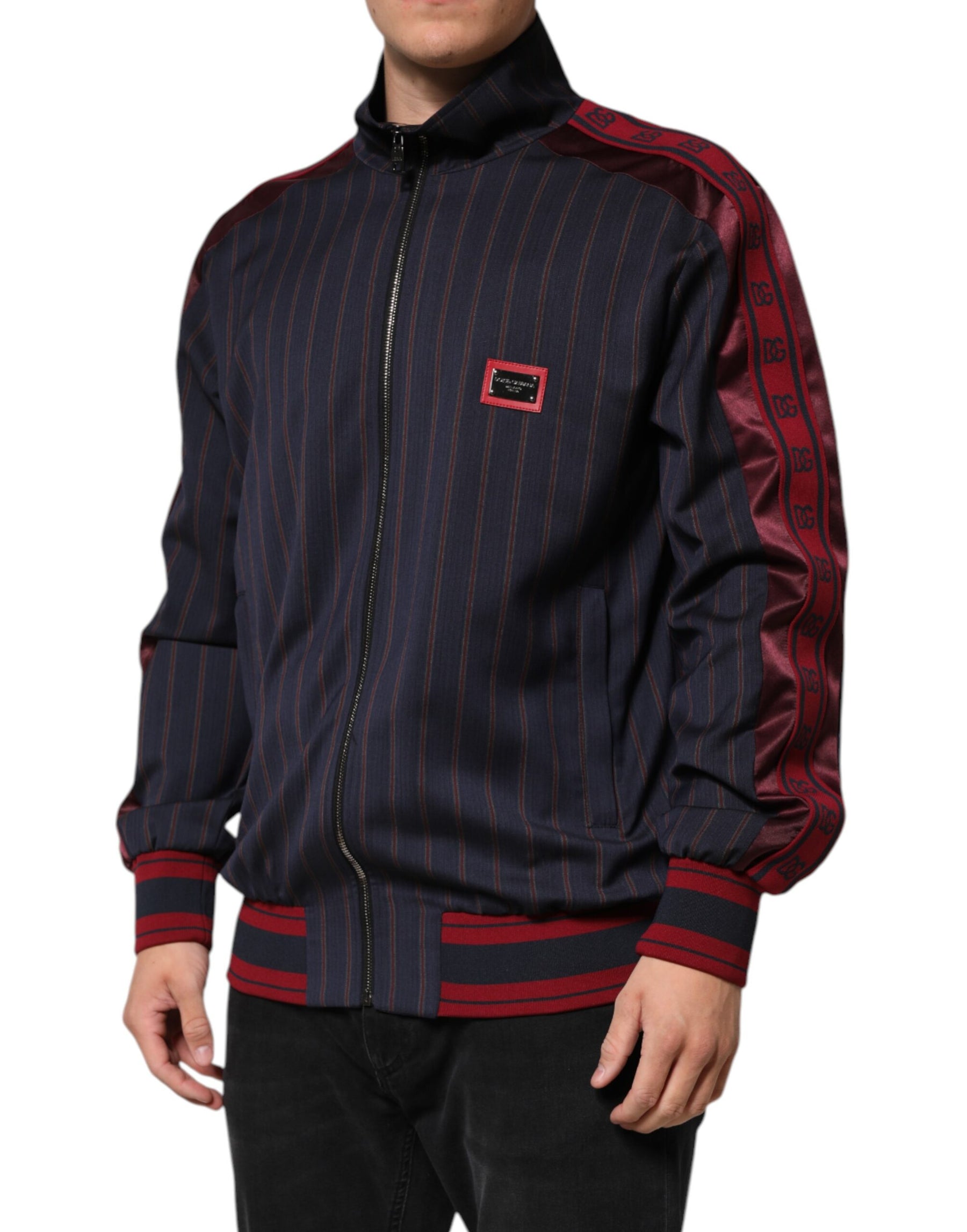 Dolce & Gabbana Blue Red Striped Logo Plaque Full Zip Jacket | Regal Royce