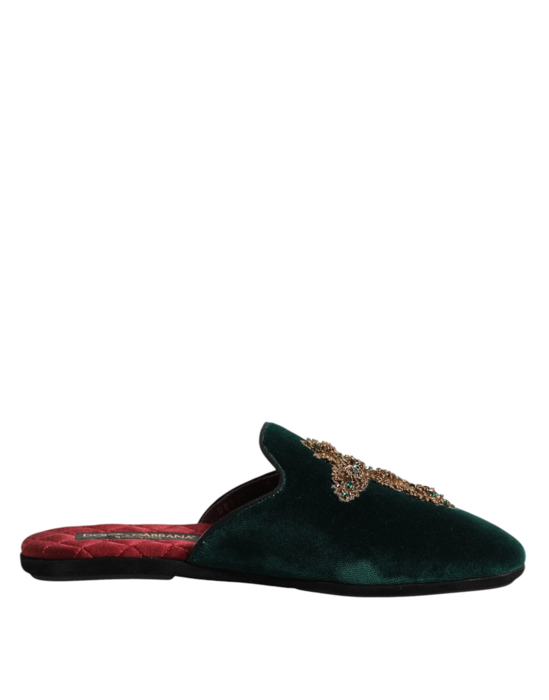 Dolce & Gabbana Green Velvet Cross Embellished Slippers Shoes | Regal Royce