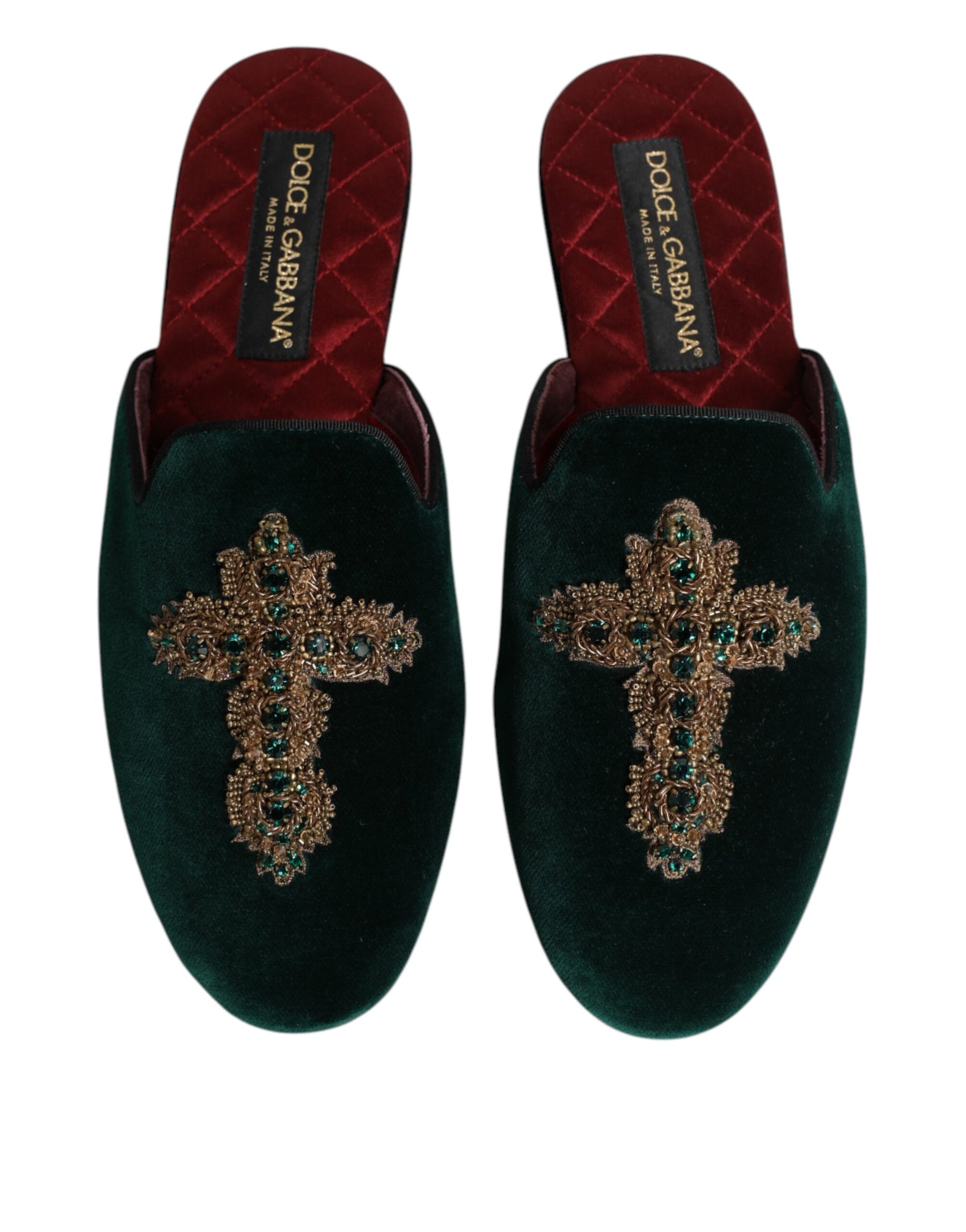 Dolce & Gabbana Green Velvet Cross Embellished Slippers Shoes | Regal Royce
