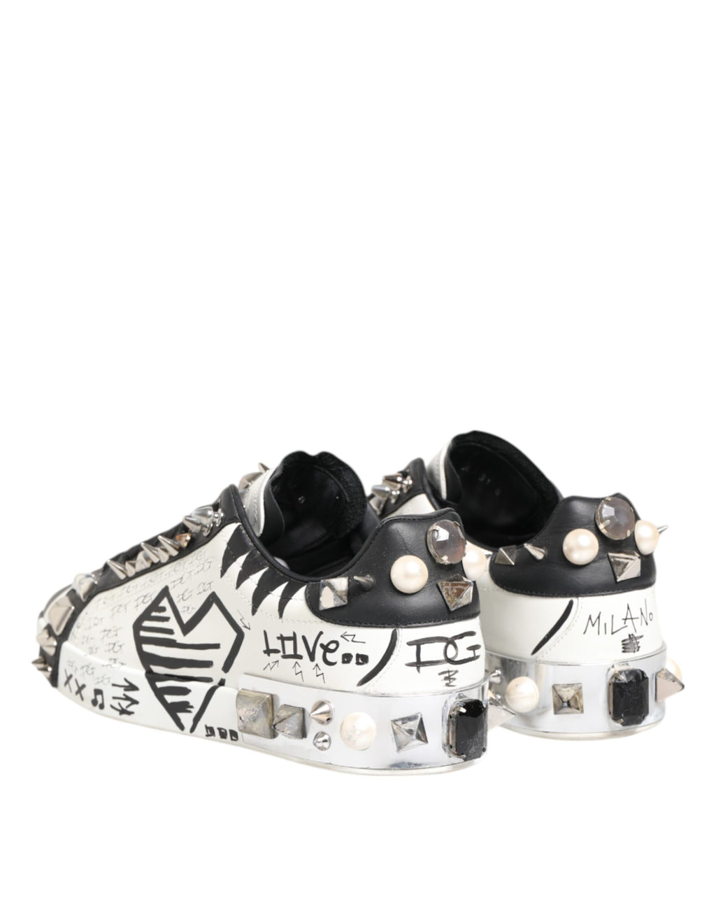 Dolce & Gabbana White Studded Printed Low Top Sneakers Shoes