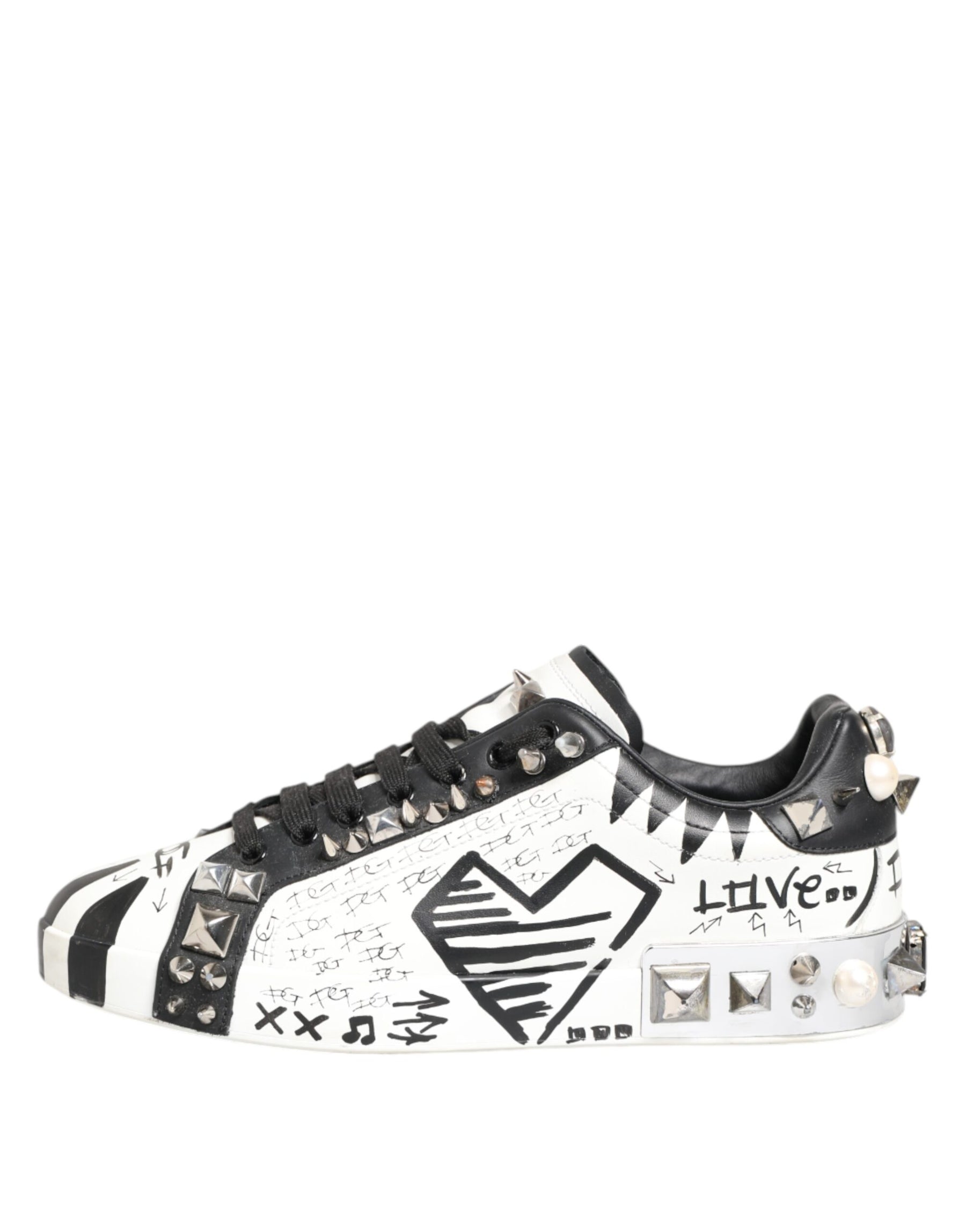 Dolce & Gabbana White Studded Printed Low Top Sneakers Shoes | Regal Royce