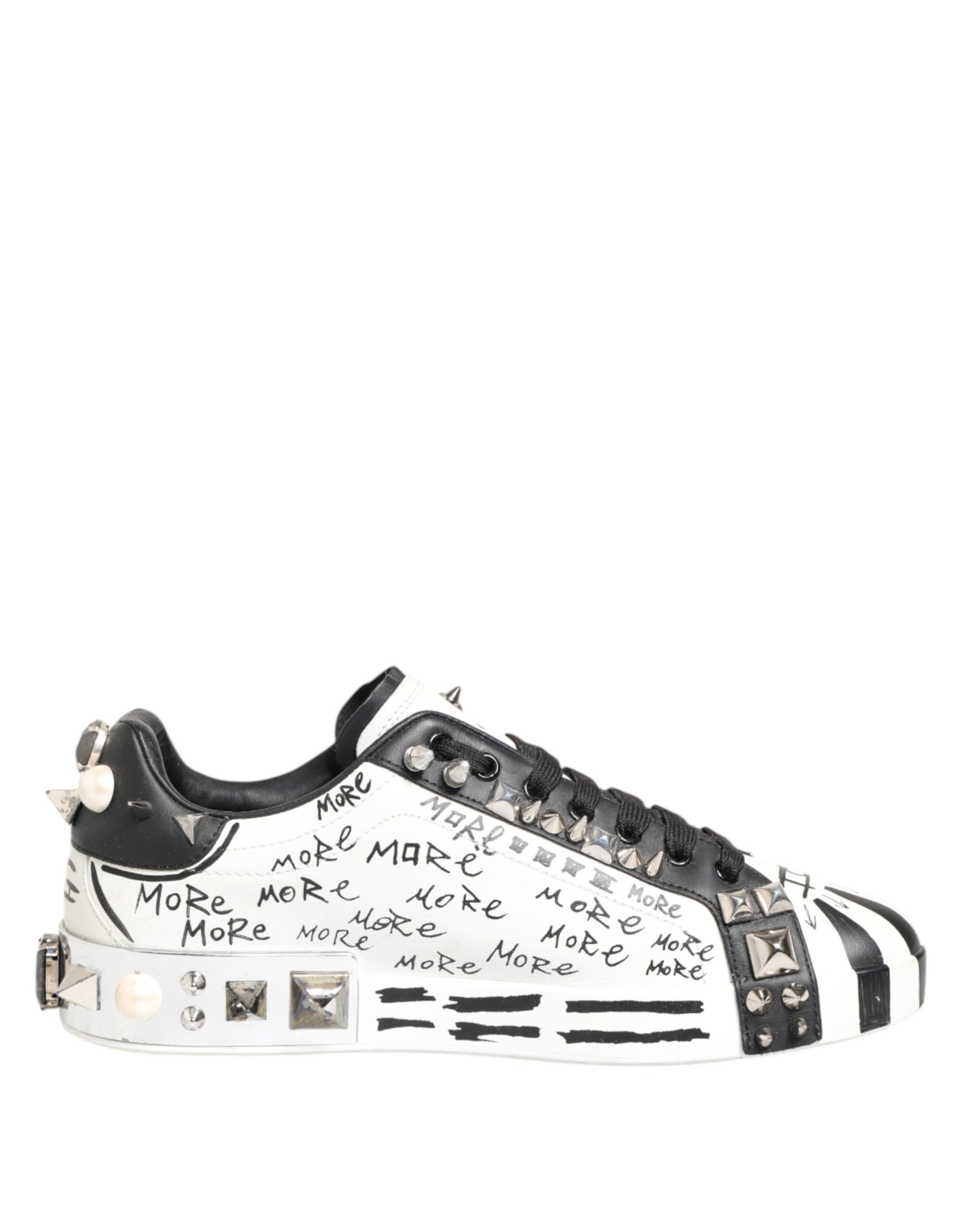 Dolce & Gabbana White Studded Printed Low Top Sneakers Shoes | Regal Royce