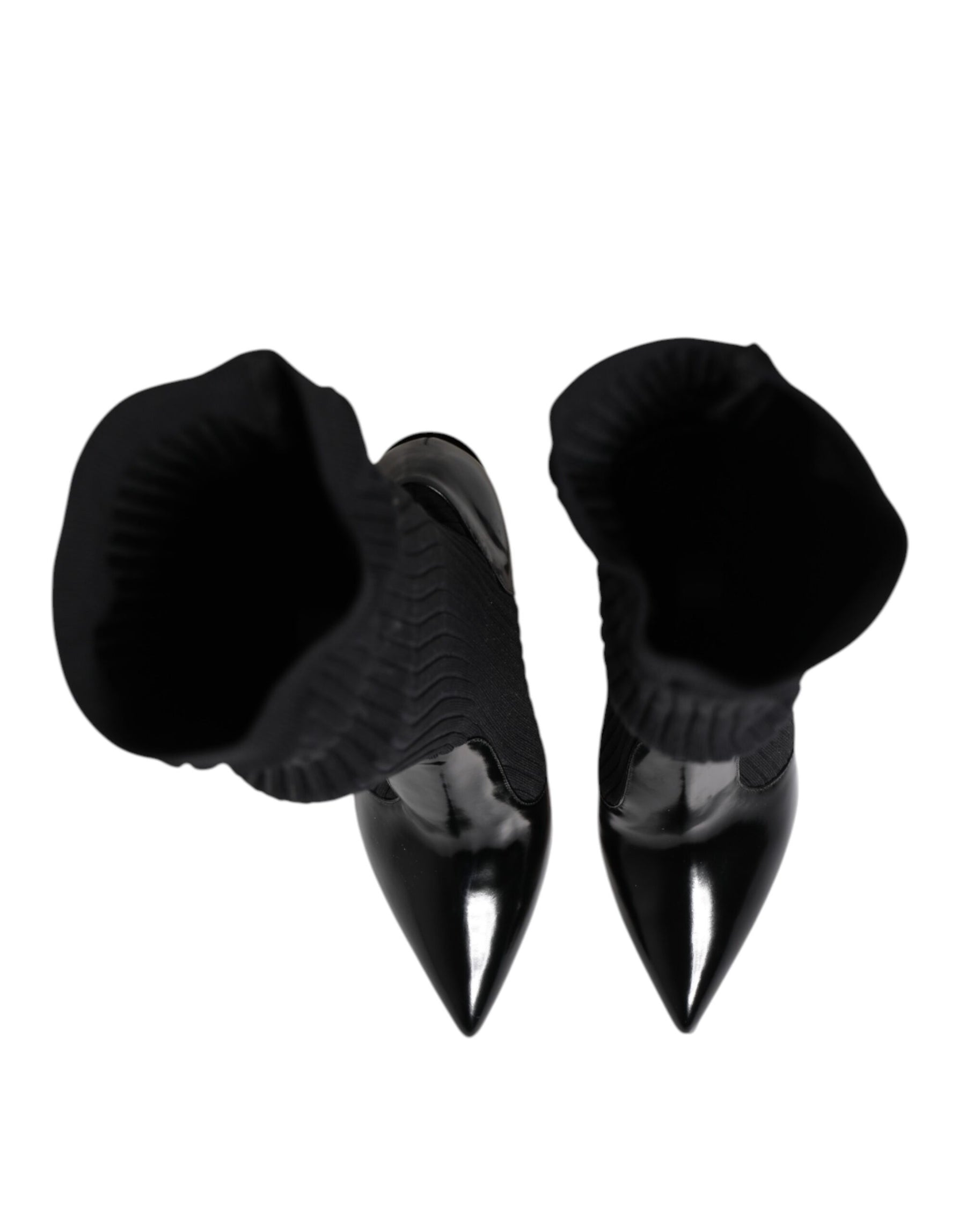Dolce & Gabbana Black Leather Ribbed Knit Knee Boots Shoes | Regal Royce