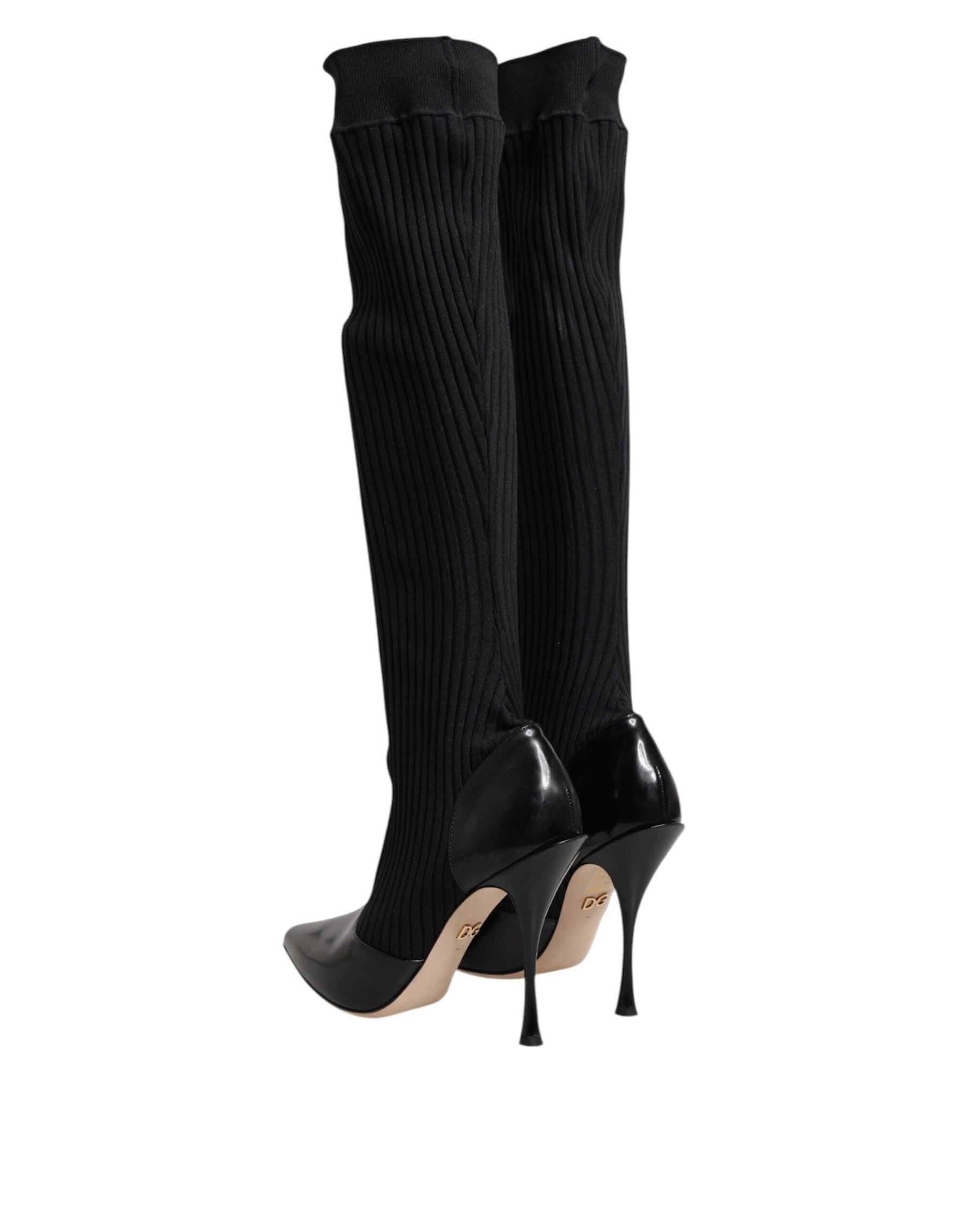 Dolce & Gabbana Black Leather Ribbed Knit Knee Boots Shoes | Regal Royce