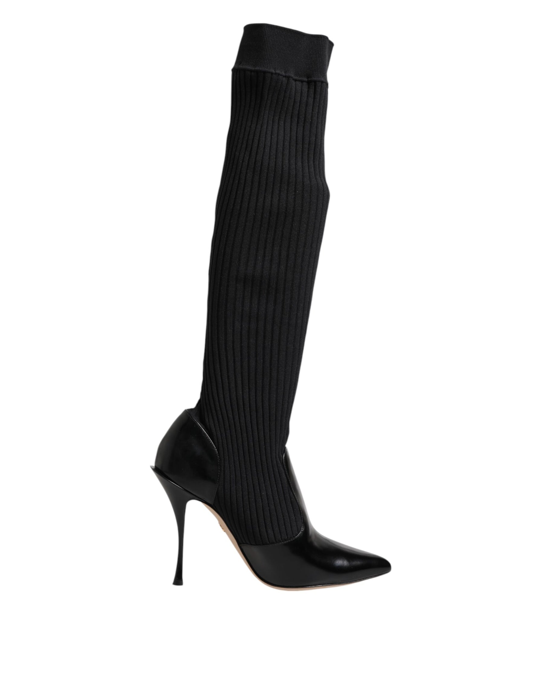 Dolce & Gabbana Black Leather Ribbed Knit Knee Boots Shoes | Regal Royce