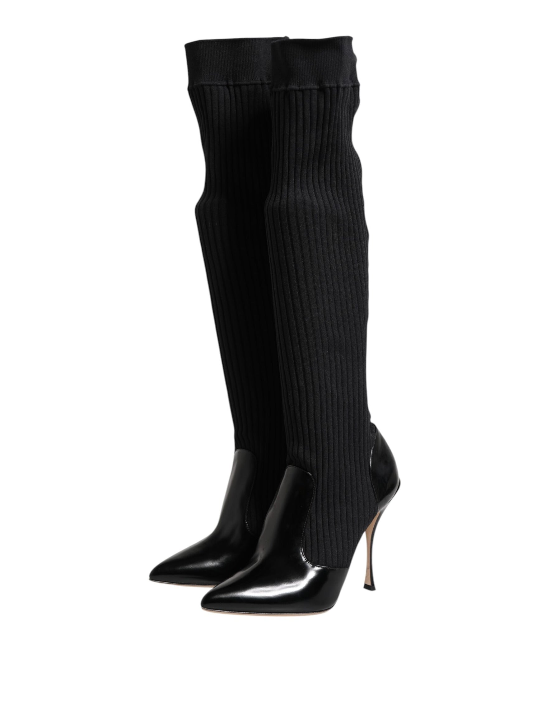 Dolce & Gabbana Black Leather Ribbed Knit Knee Boots Shoes | Regal Royce