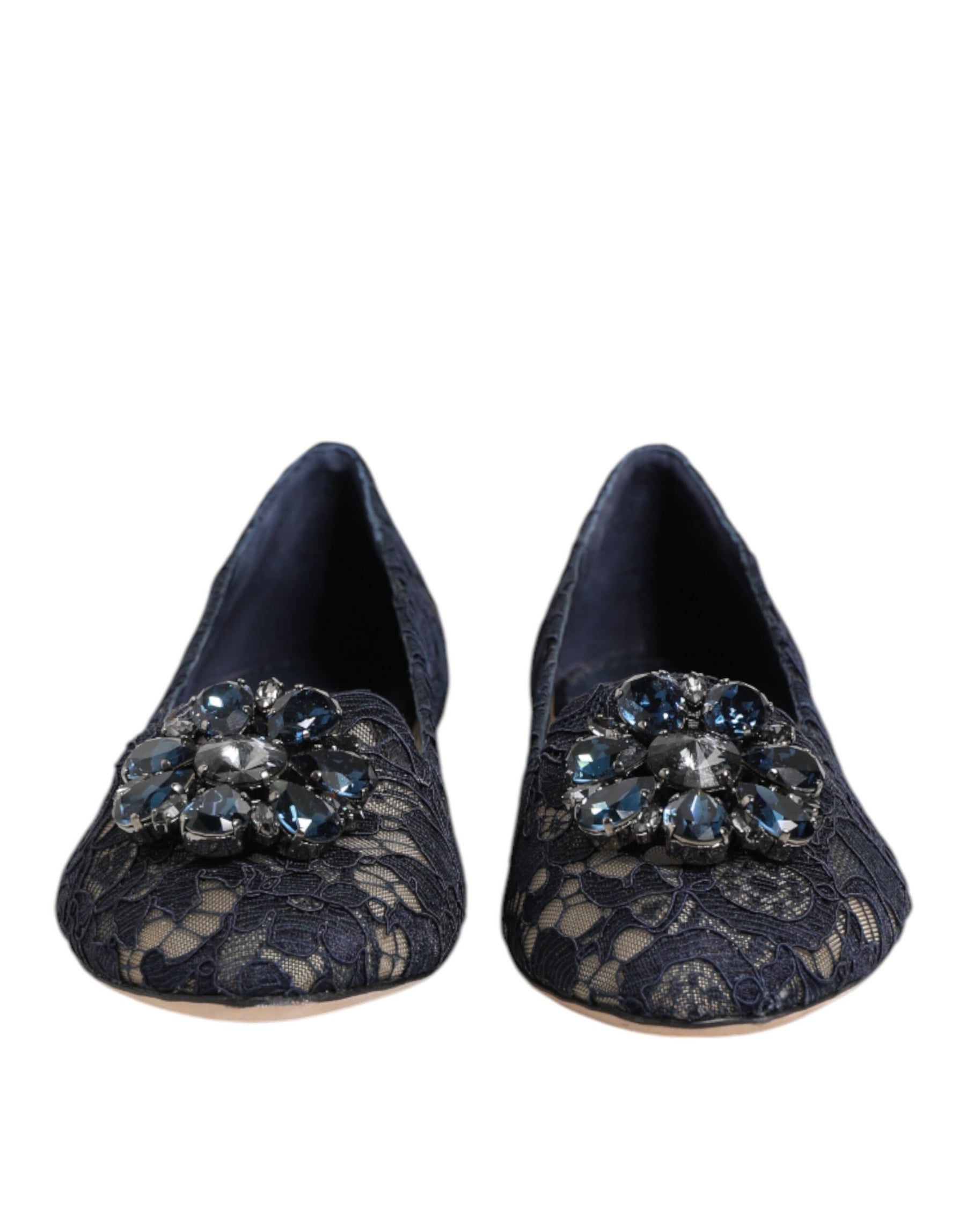 Dolce & Gabbana Blue Taormina Lace Crystals Flats Shoes | Regal Royce