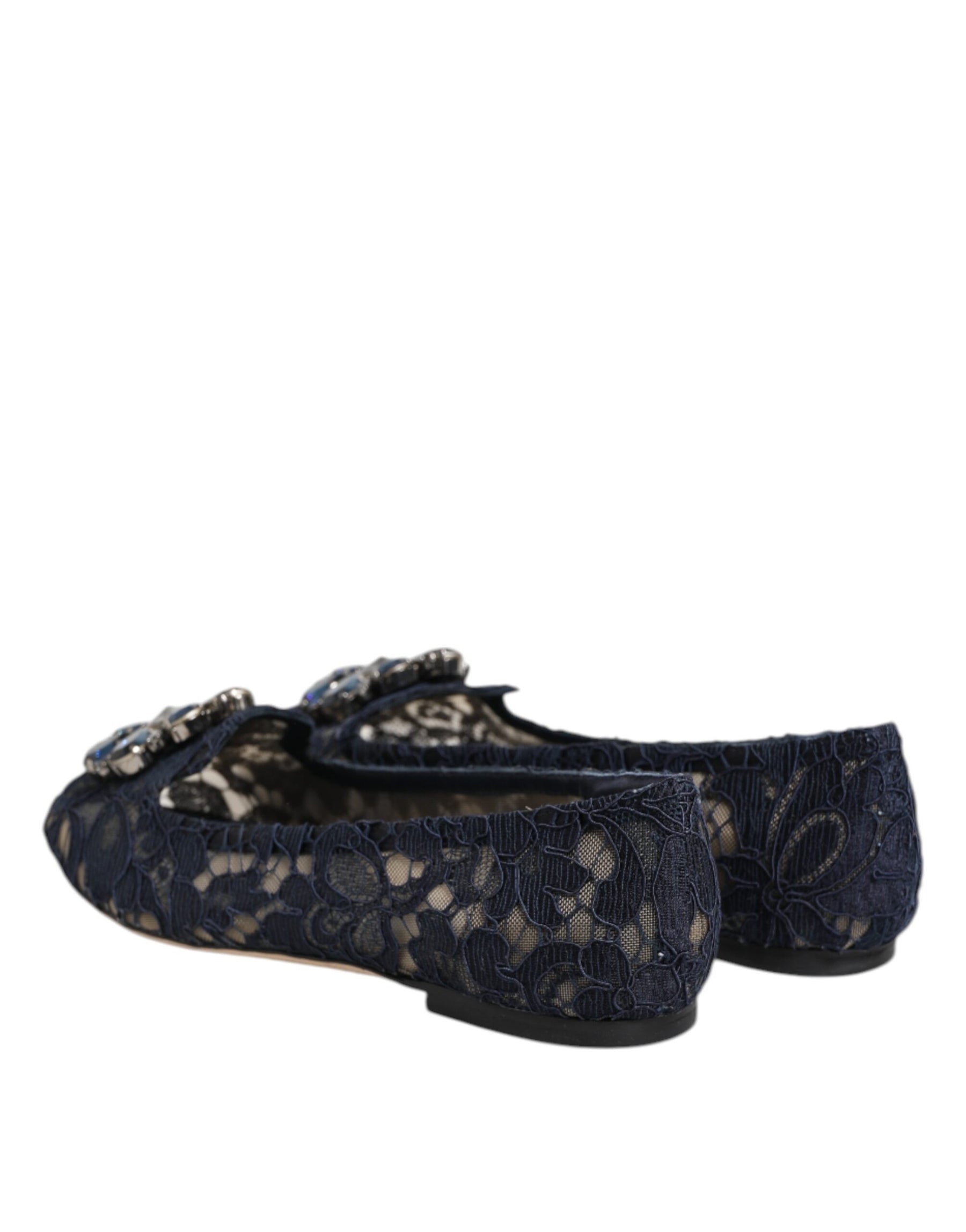 Dolce & Gabbana Blue Taormina Lace Crystals Flats Shoes | Regal Royce