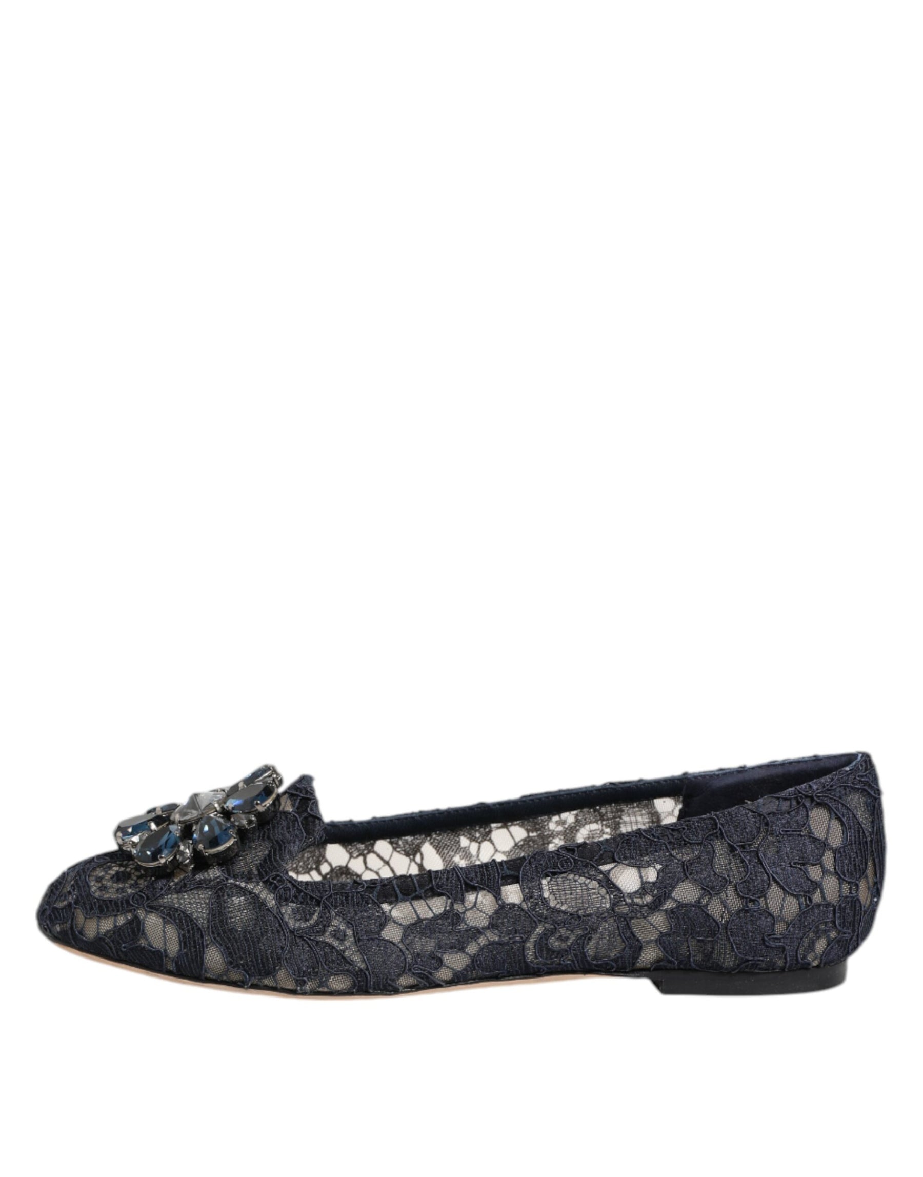 Dolce & Gabbana Blue Taormina Lace Crystals Flats Shoes | Regal Royce