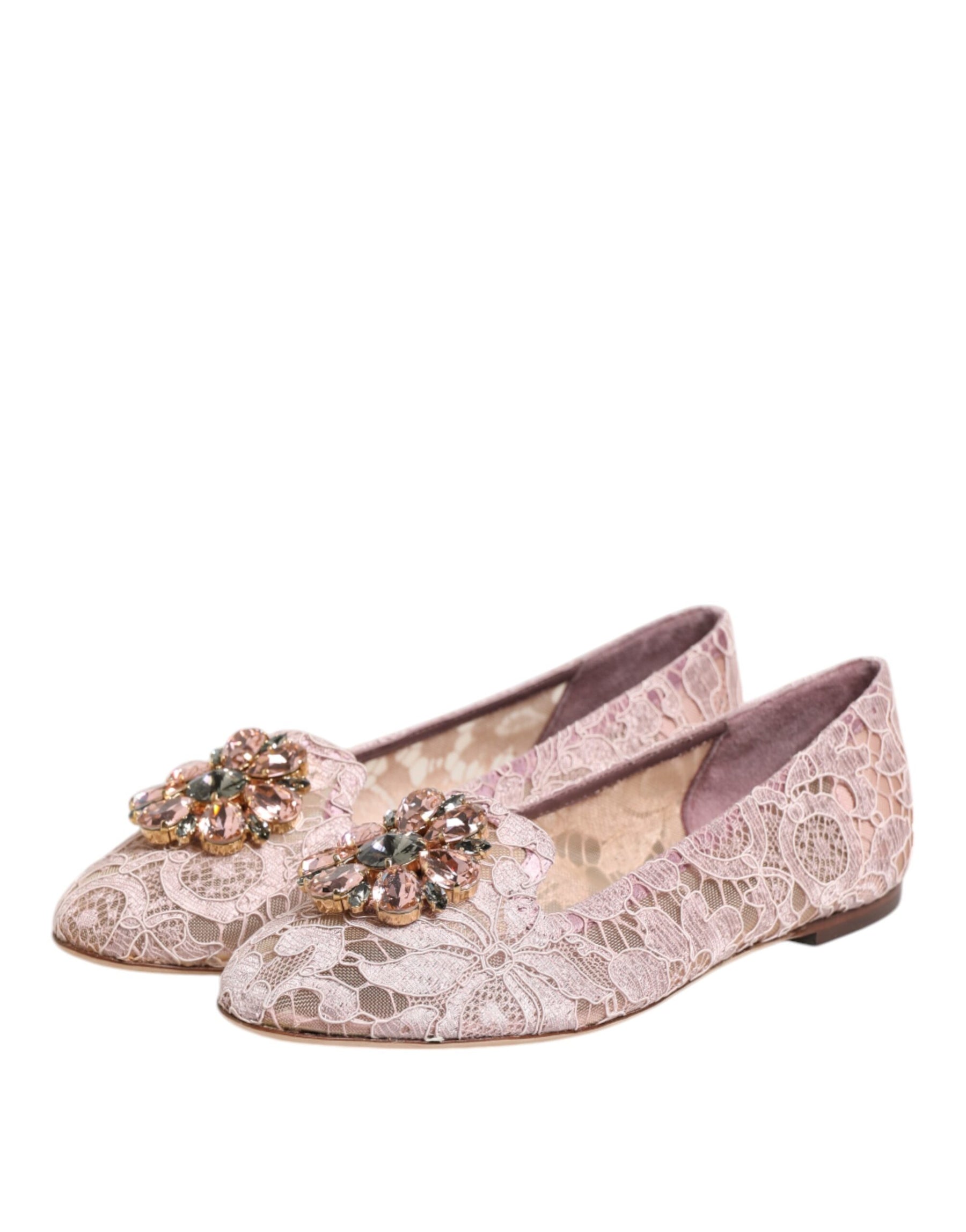 Dolce & Gabbana Pink Taormina Lace Crystals Flats Shoes | Regal Royce