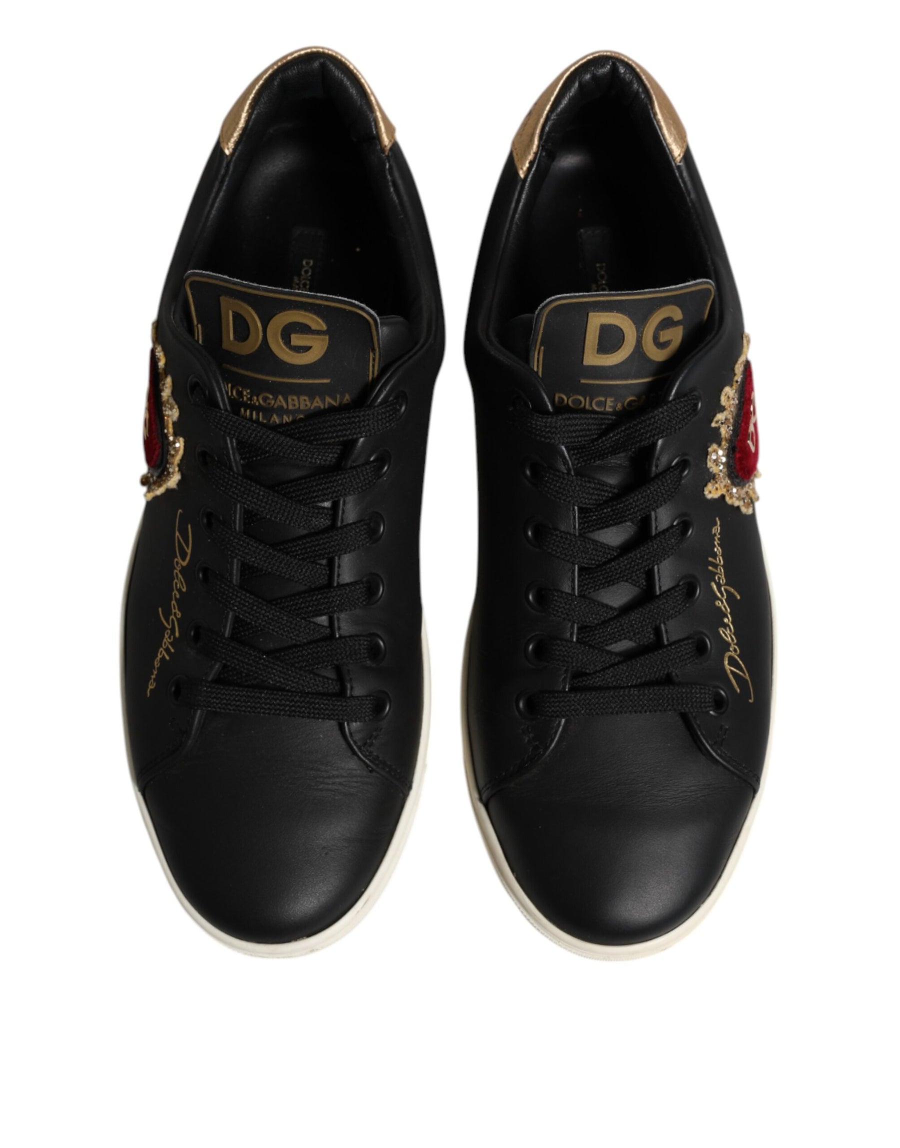 Dolce & Gabbana Black Leather Sacred Heart Sneakers Shoes | Regal Royce
