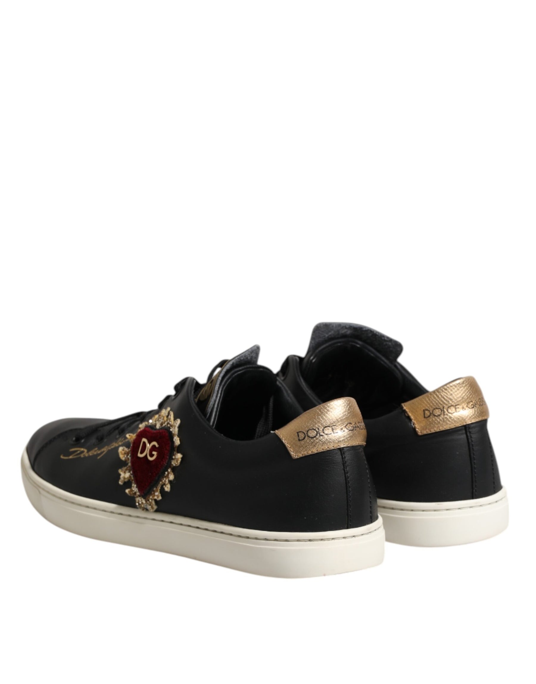 Dolce & Gabbana Black Leather Sacred Heart Sneakers Shoes | Regal Royce