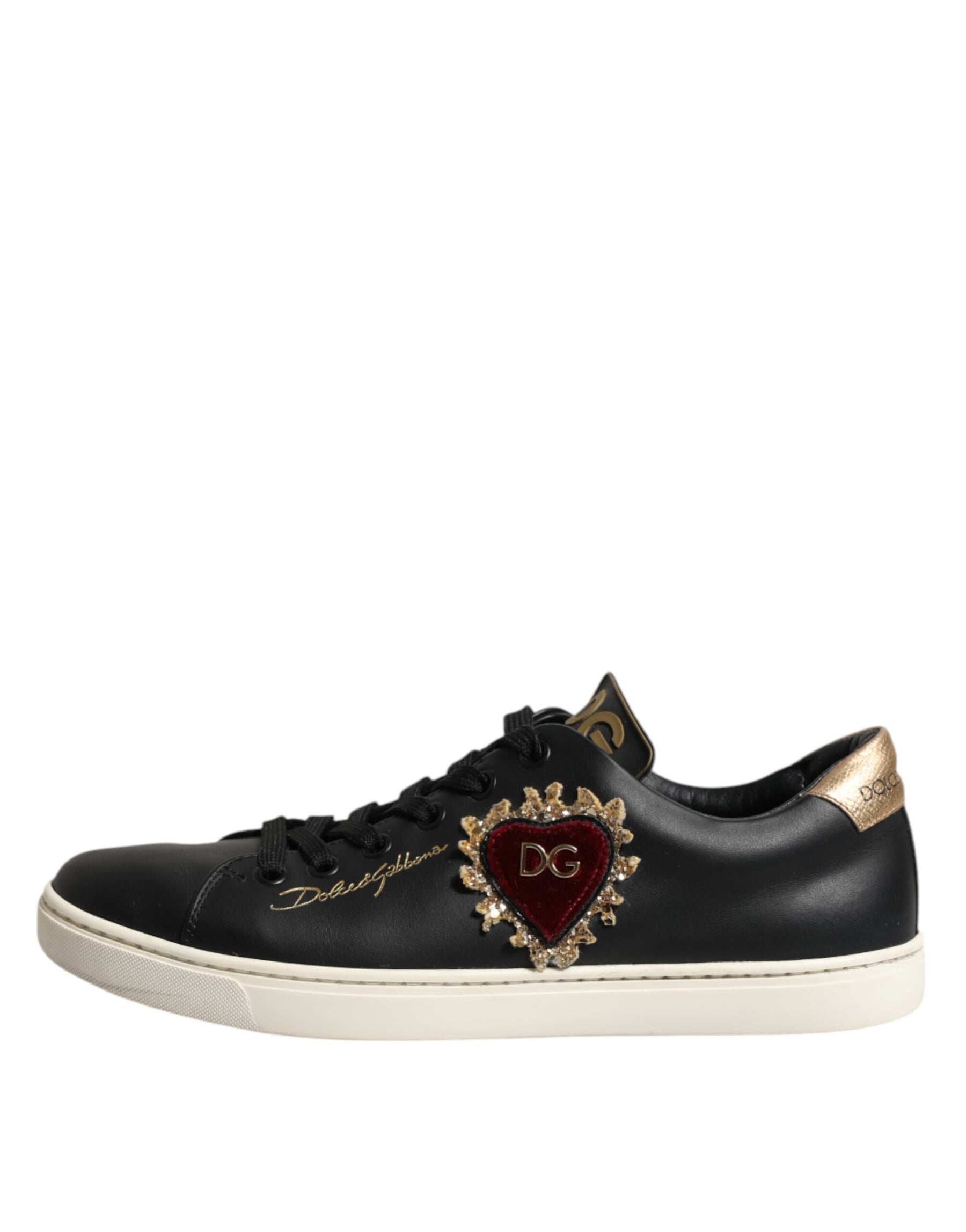 Dolce & Gabbana Black Leather Sacred Heart Sneakers Shoes | Regal Royce