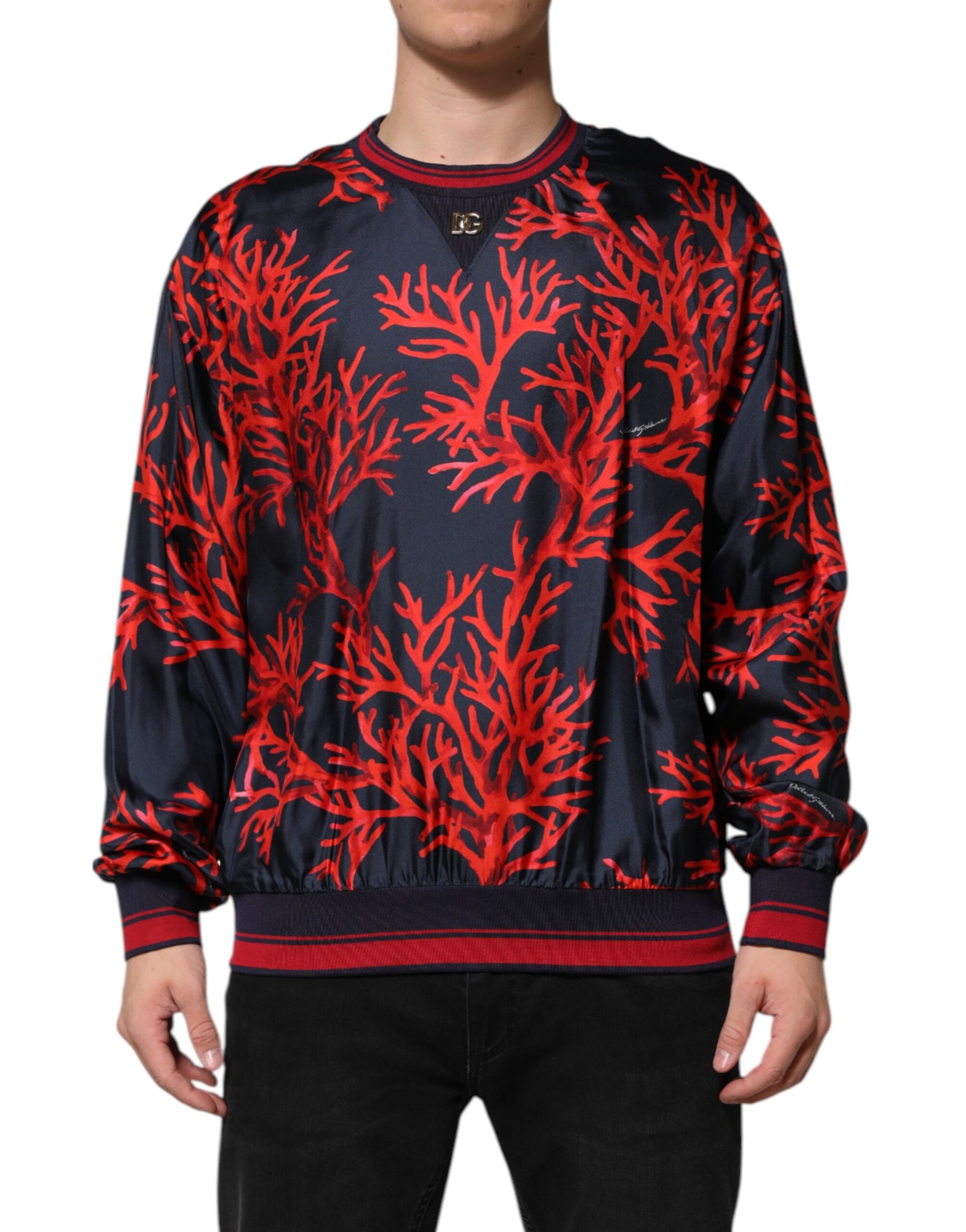 Dolce & Gabbana Navy Red Silk Coral Print Pullover Sweater | Regal Royce