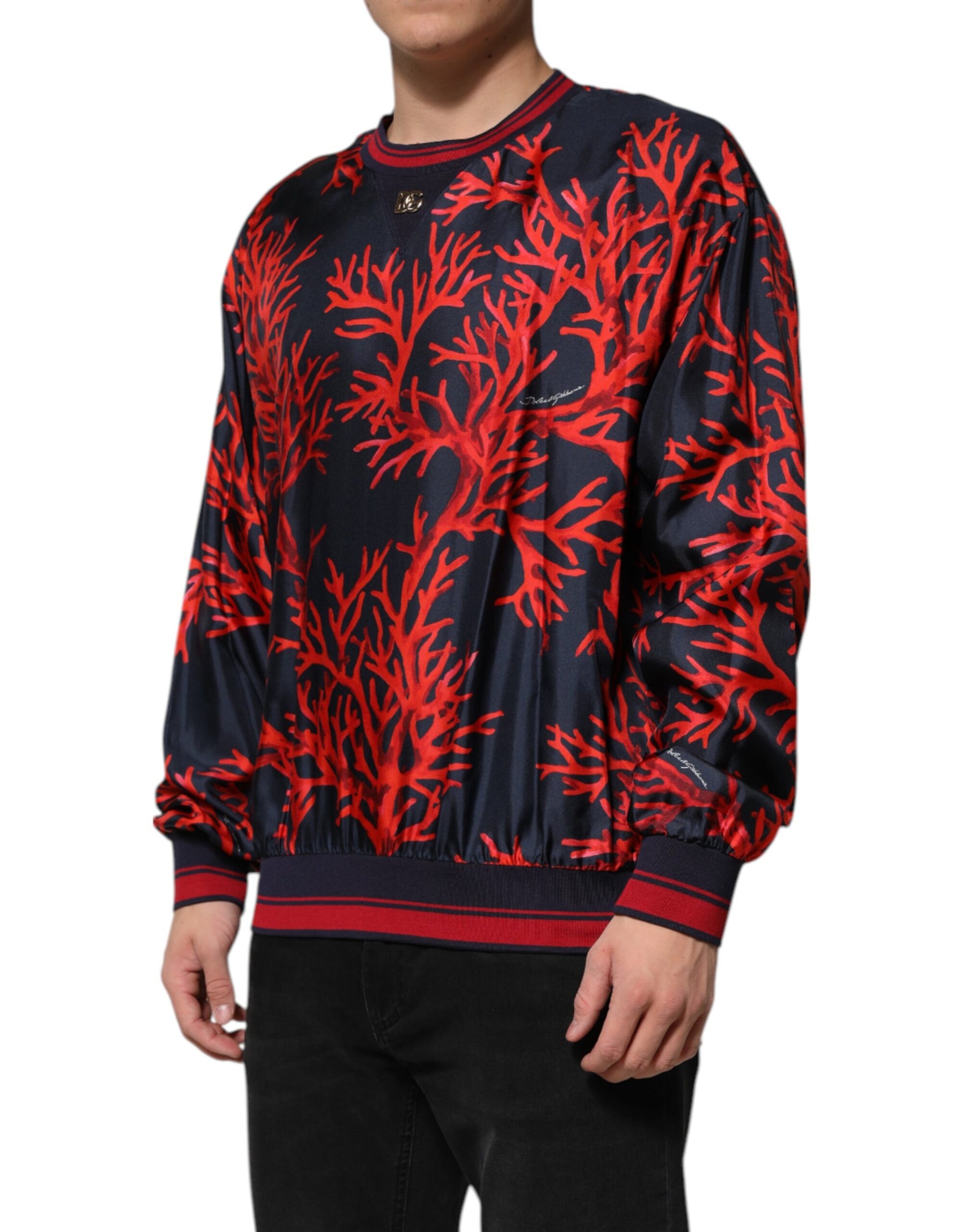 Dolce & Gabbana Navy Red Silk Coral Print Pullover Sweater | Regal Royce