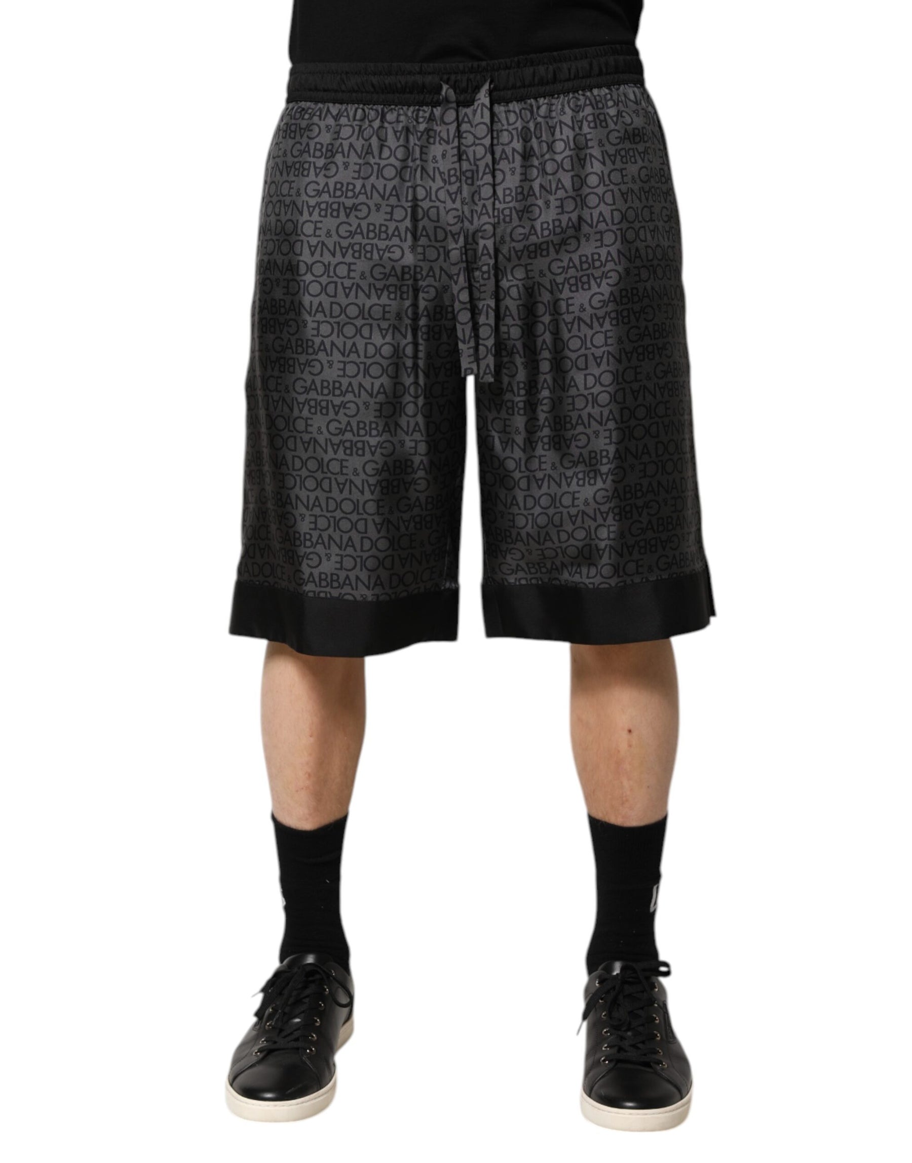 Dolce & Gabbana Gray Black Silk DG Logo Men Bermuda Shorts | Regal Royce