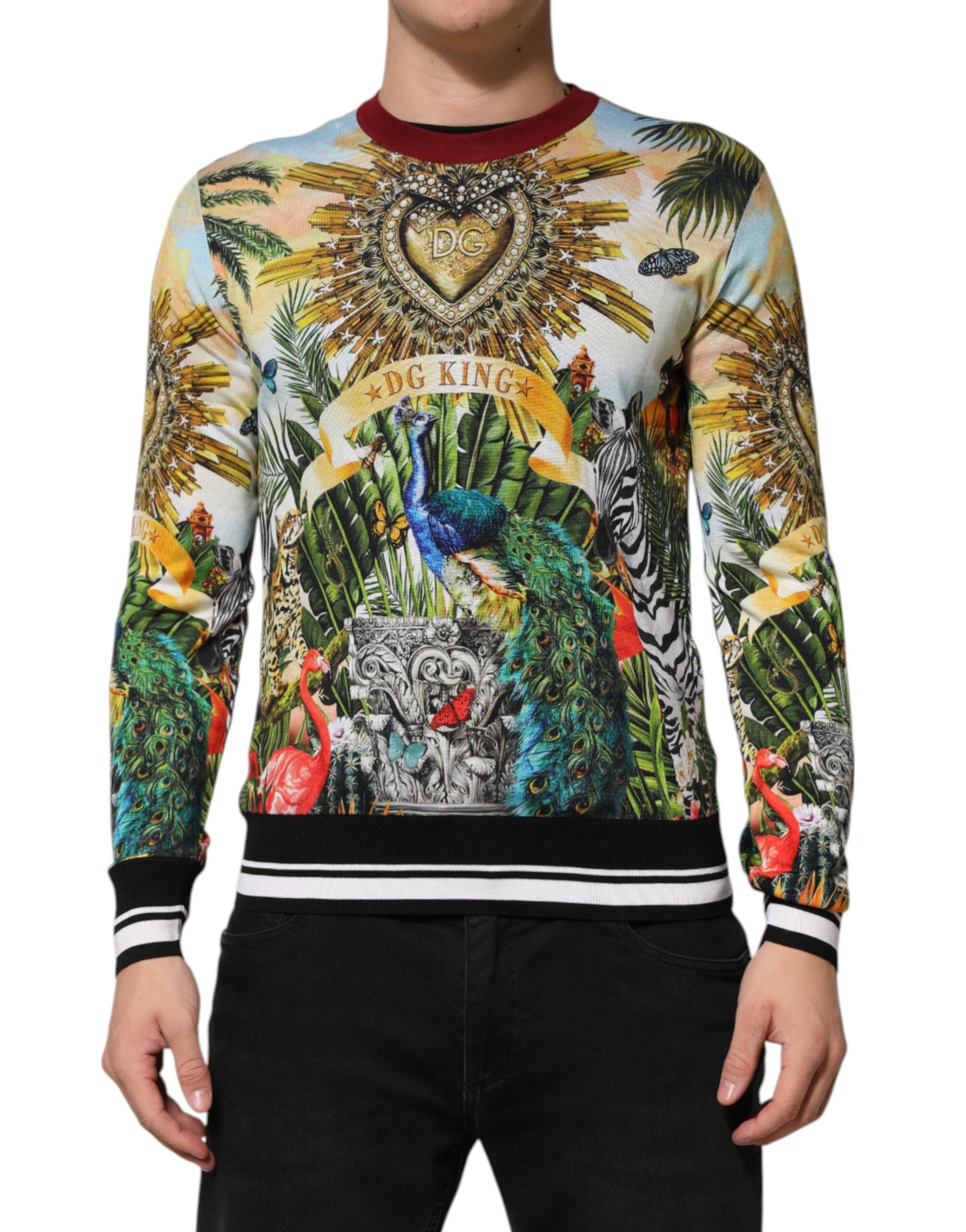 Dolce & Gabbana Tropical Heart Crown Silk Pullover Sweater