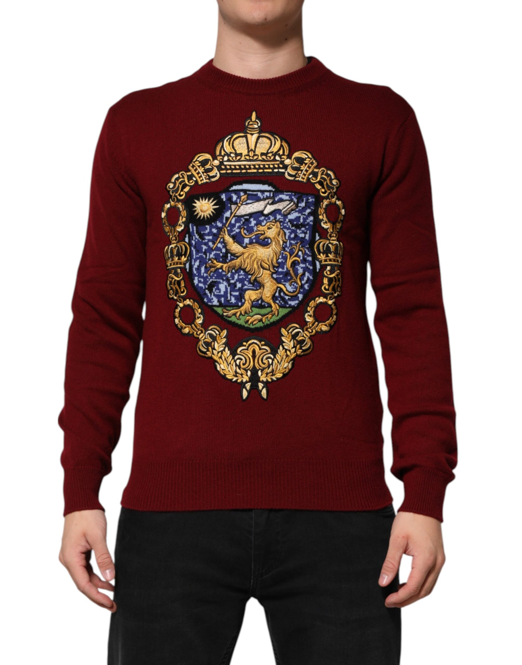 Dolce & Gabbana Burgundy Cashmere Lion Crest Pullover Sweater | Regal Royce