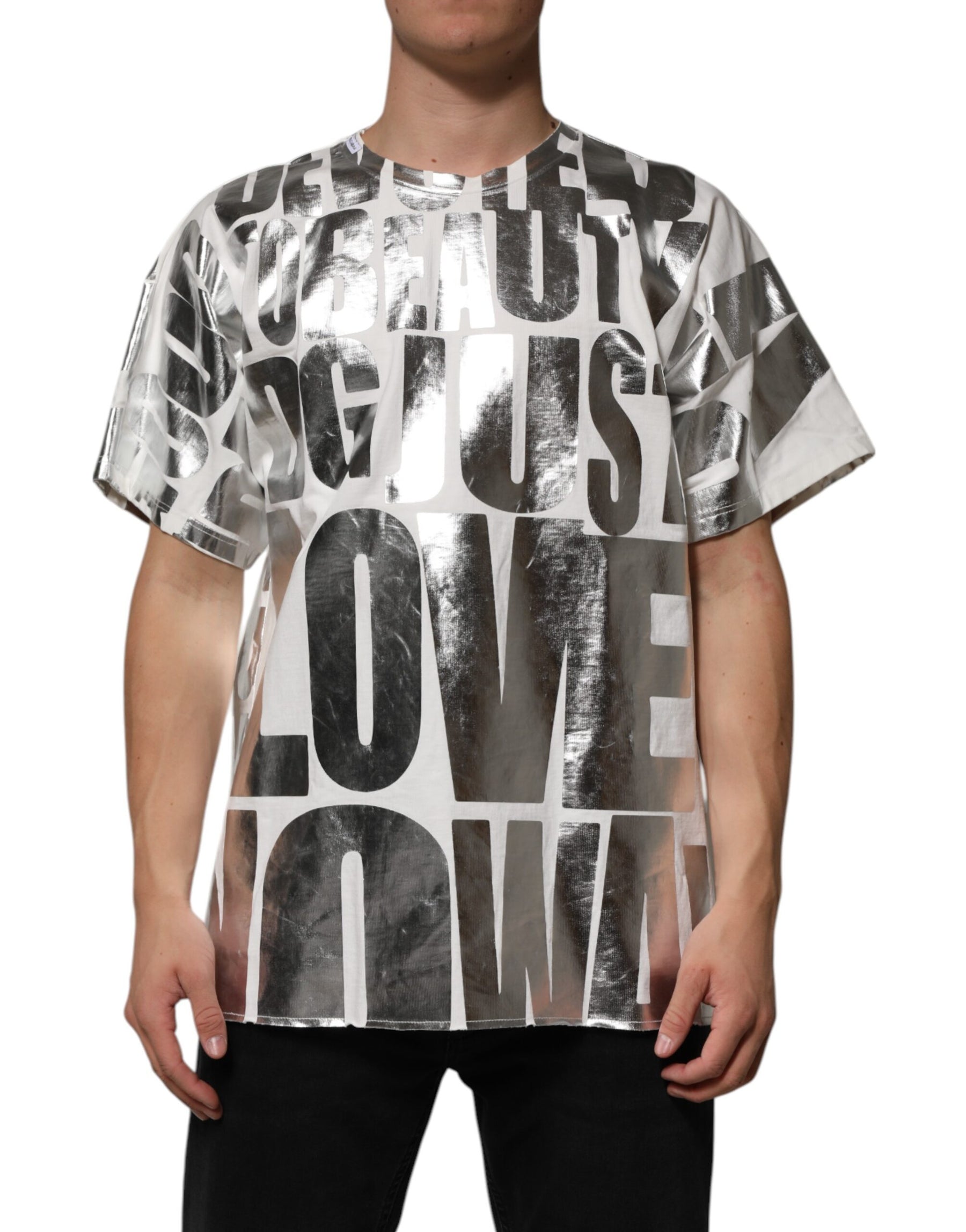 Dolce & Gabbana White Cotton Silver Metallic Slogan Print T-shirt | Regal Royce