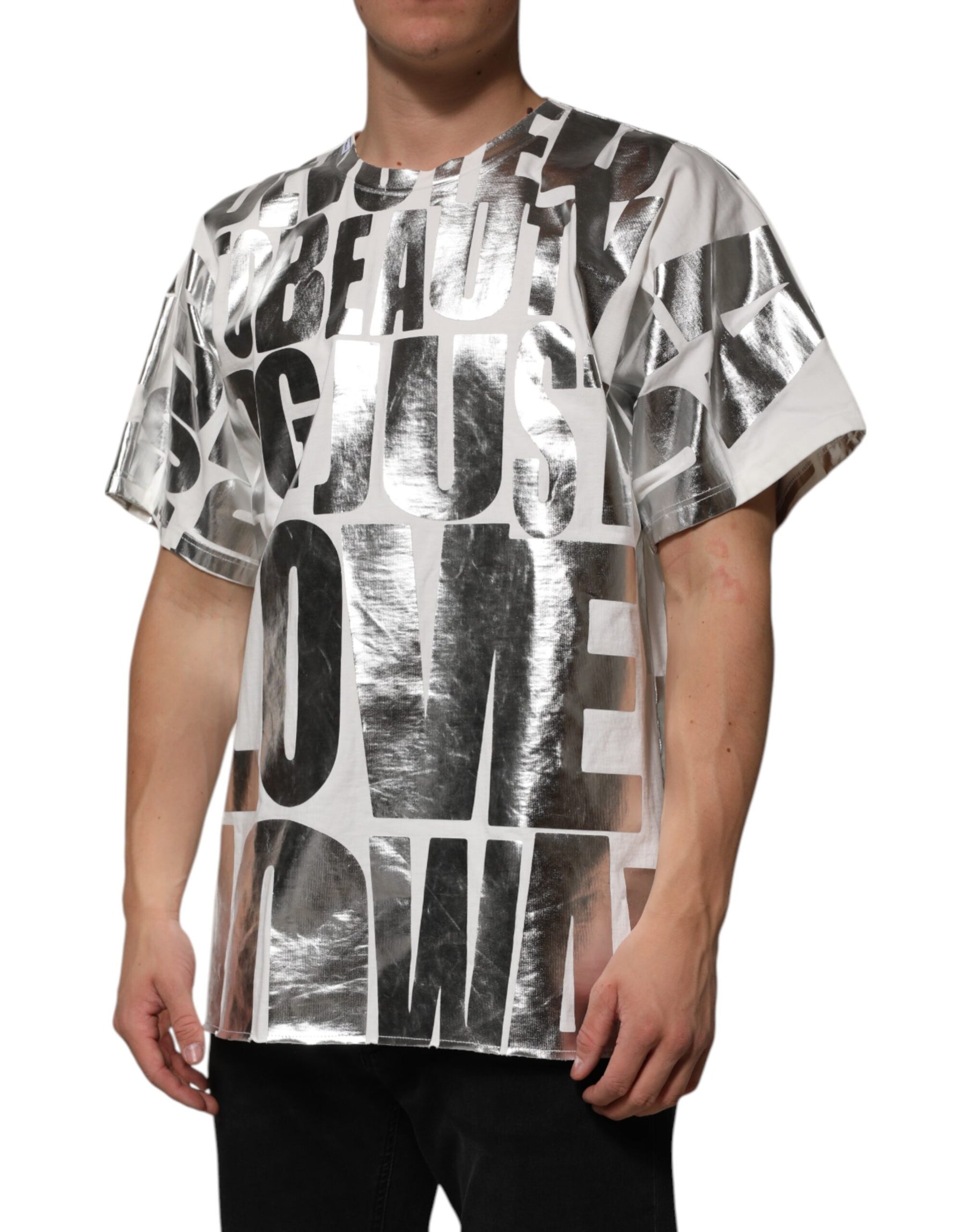 Dolce & Gabbana White Cotton Silver Metallic Slogan Print T-shirt | Regal Royce