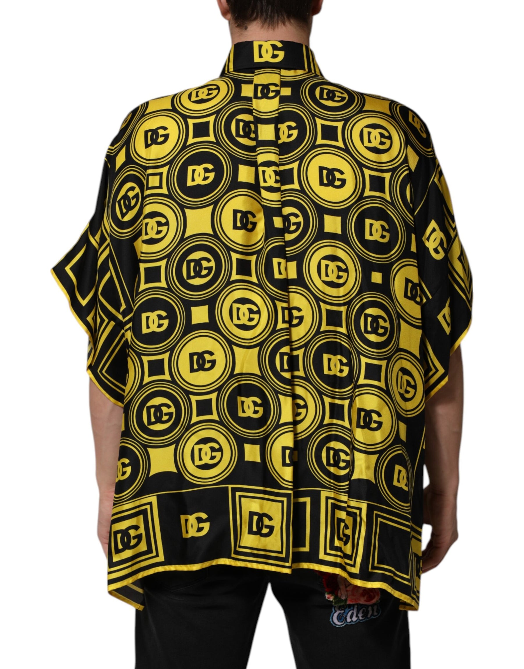 Dolce & Gabbana Yellow Silk Silver DG Logo Geometric T-shirt | Regal Royce