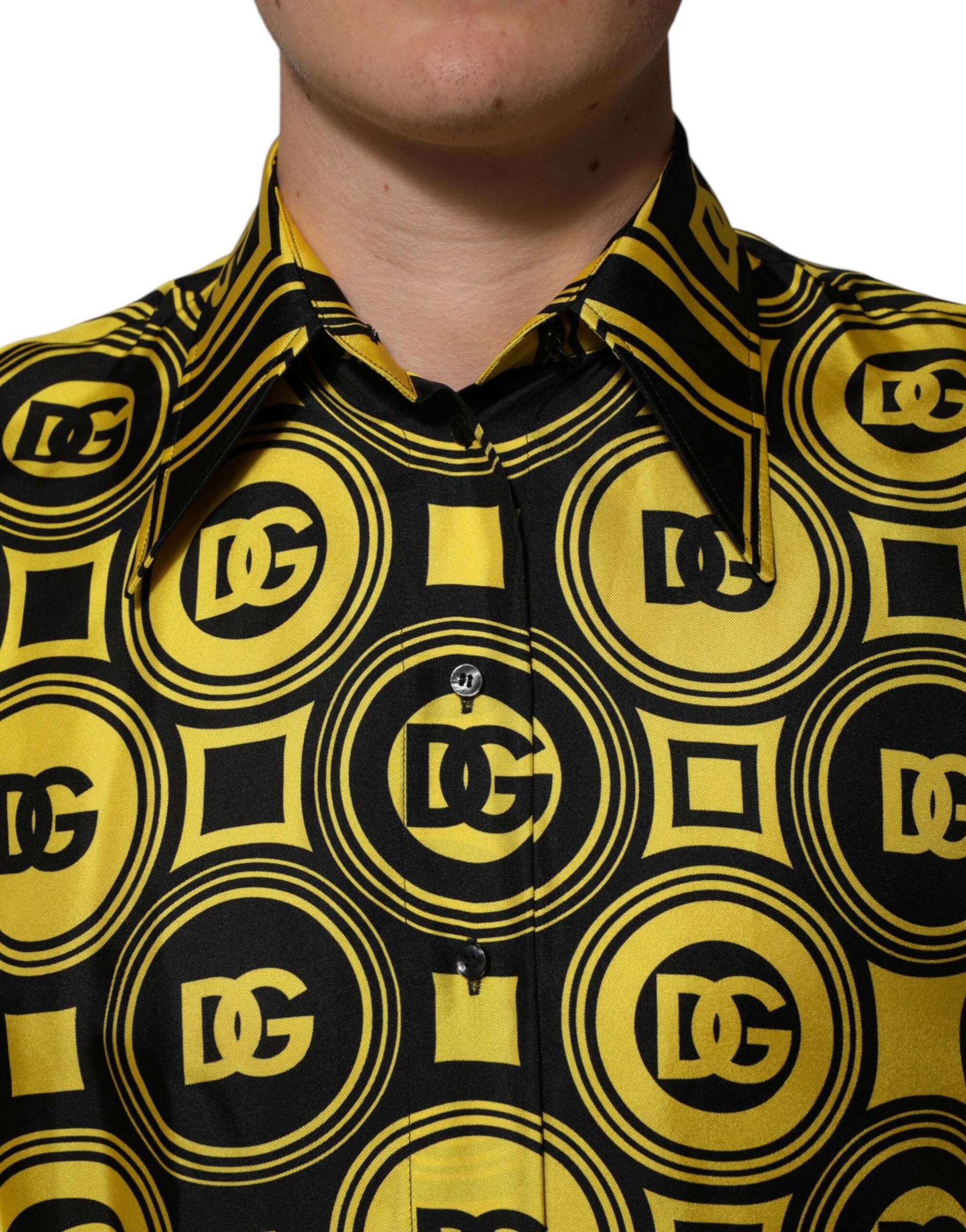 Dolce & Gabbana Yellow Silk Silver DG Logo Geometric T-shirt | Regal Royce