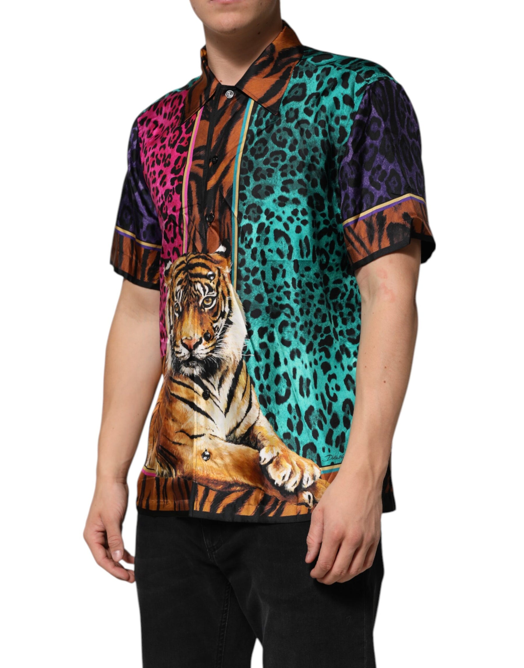Dolce & Gabbana Multicolor Silk Tiger Print Hawaiian T-shirt | Regal Royce