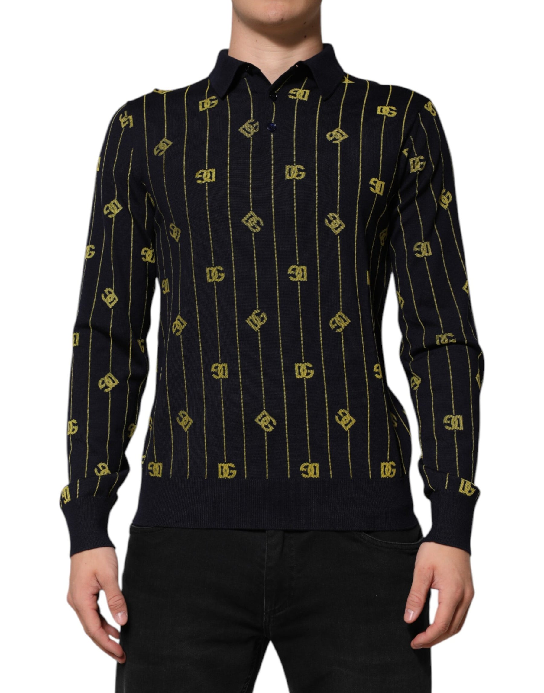 Dolce & Gabbana Black Logo Jacquard Knitted Polo Shirt T-shirt | Regal Royce