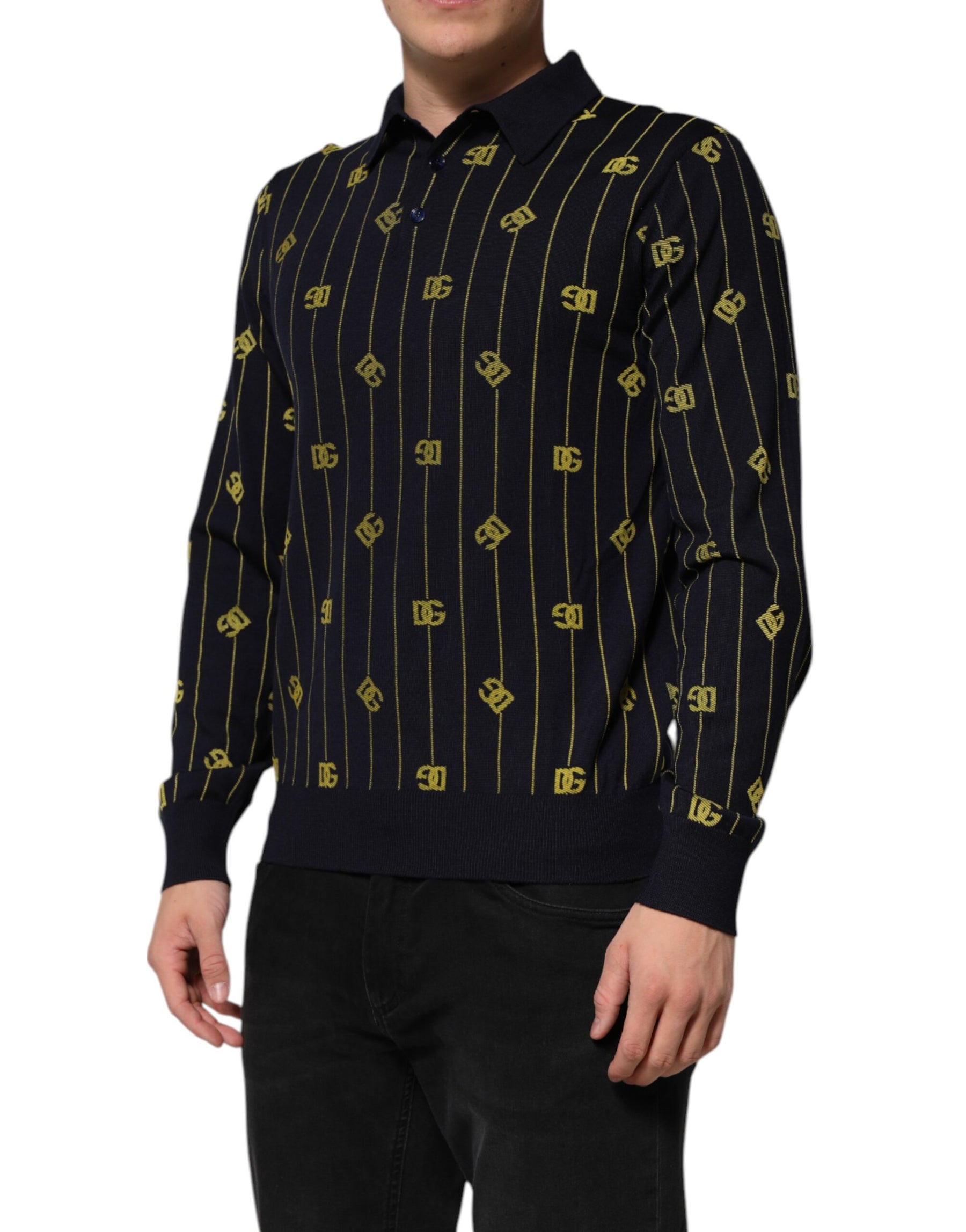 Dolce & Gabbana Black Logo Jacquard Knitted Polo Shirt T-shirt | Regal Royce