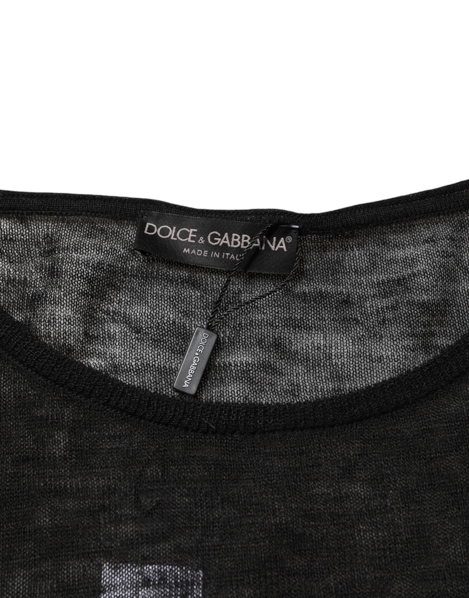 Dolce & Gabbana Black Linen Mesh Tattered Longsleeves T-shirt | Regal Royce