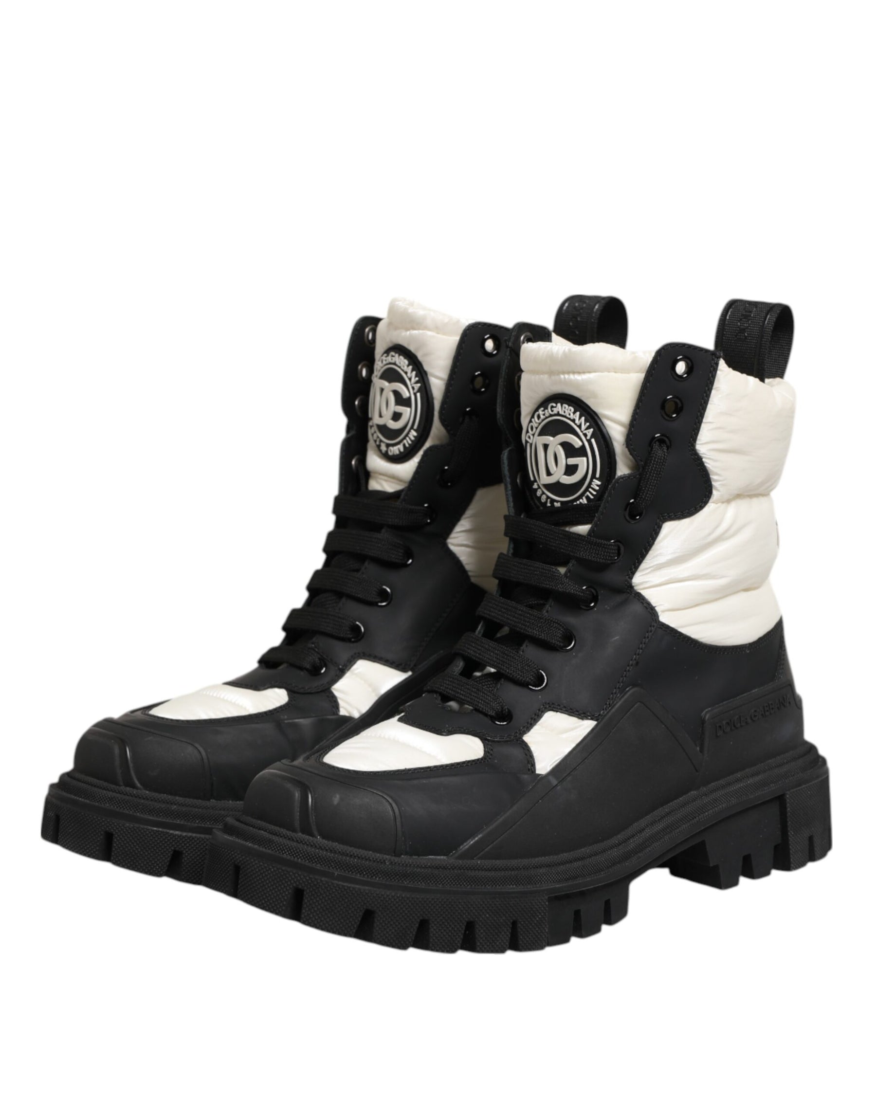 Dolce & Gabbana Black White Padded Mid Calf Lace Up Boots Shoes | Regal Royce