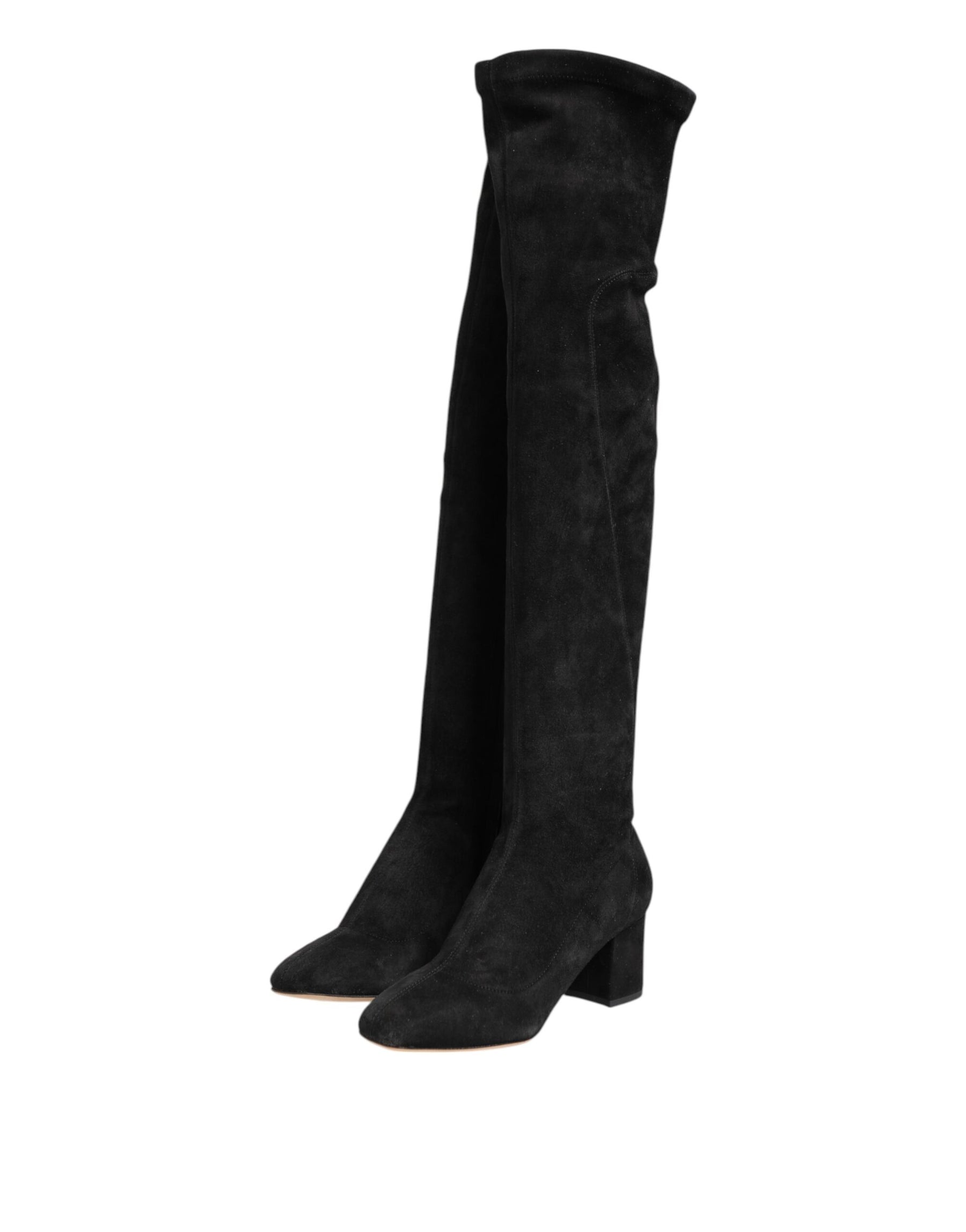 Dolce & Gabbana Black Suede Leather Knee High Boots Shoes | Regal Royce