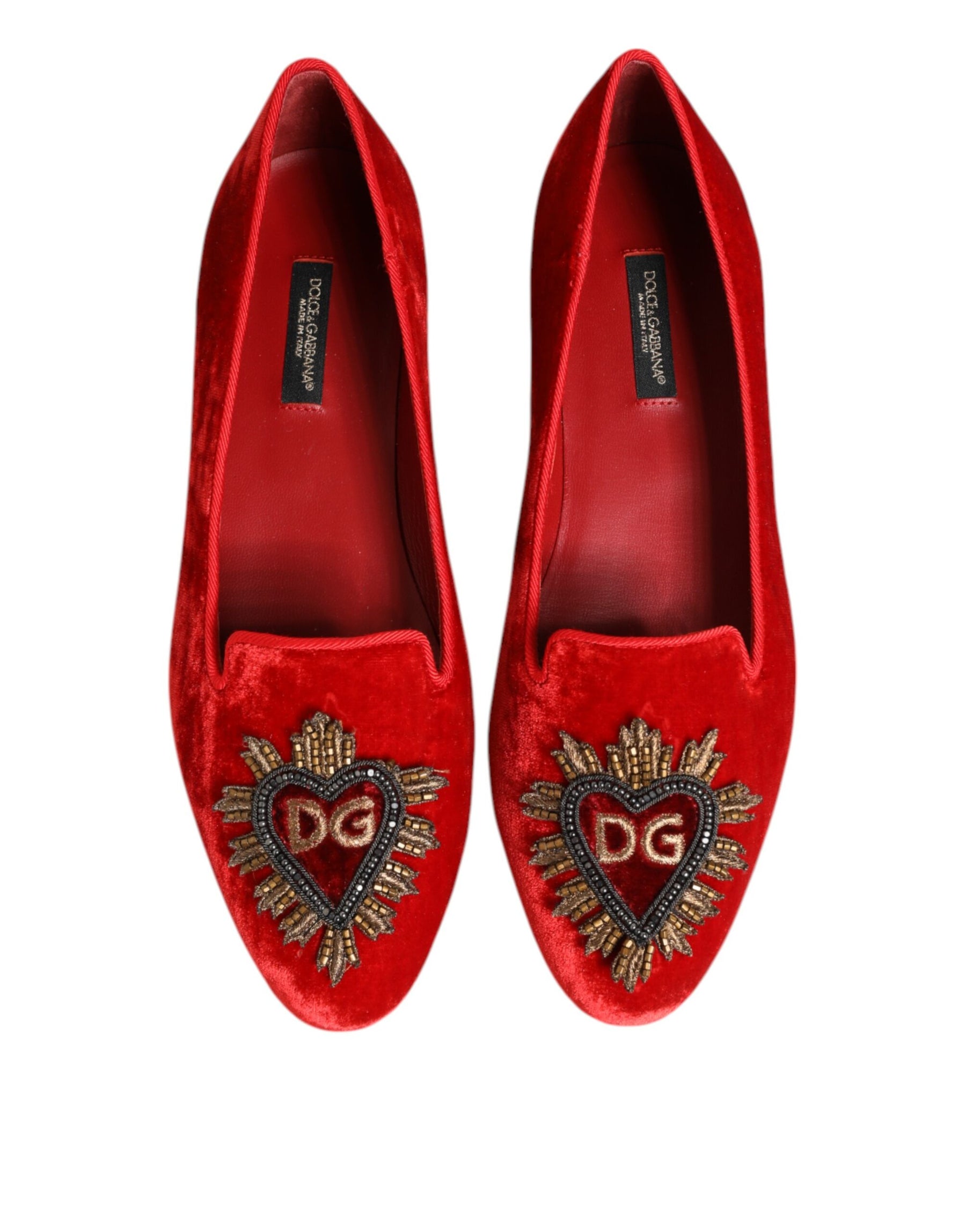 Dolce & Gabbana Red Velvet DG Heart Loafers Flat Shoes | Regal Royce