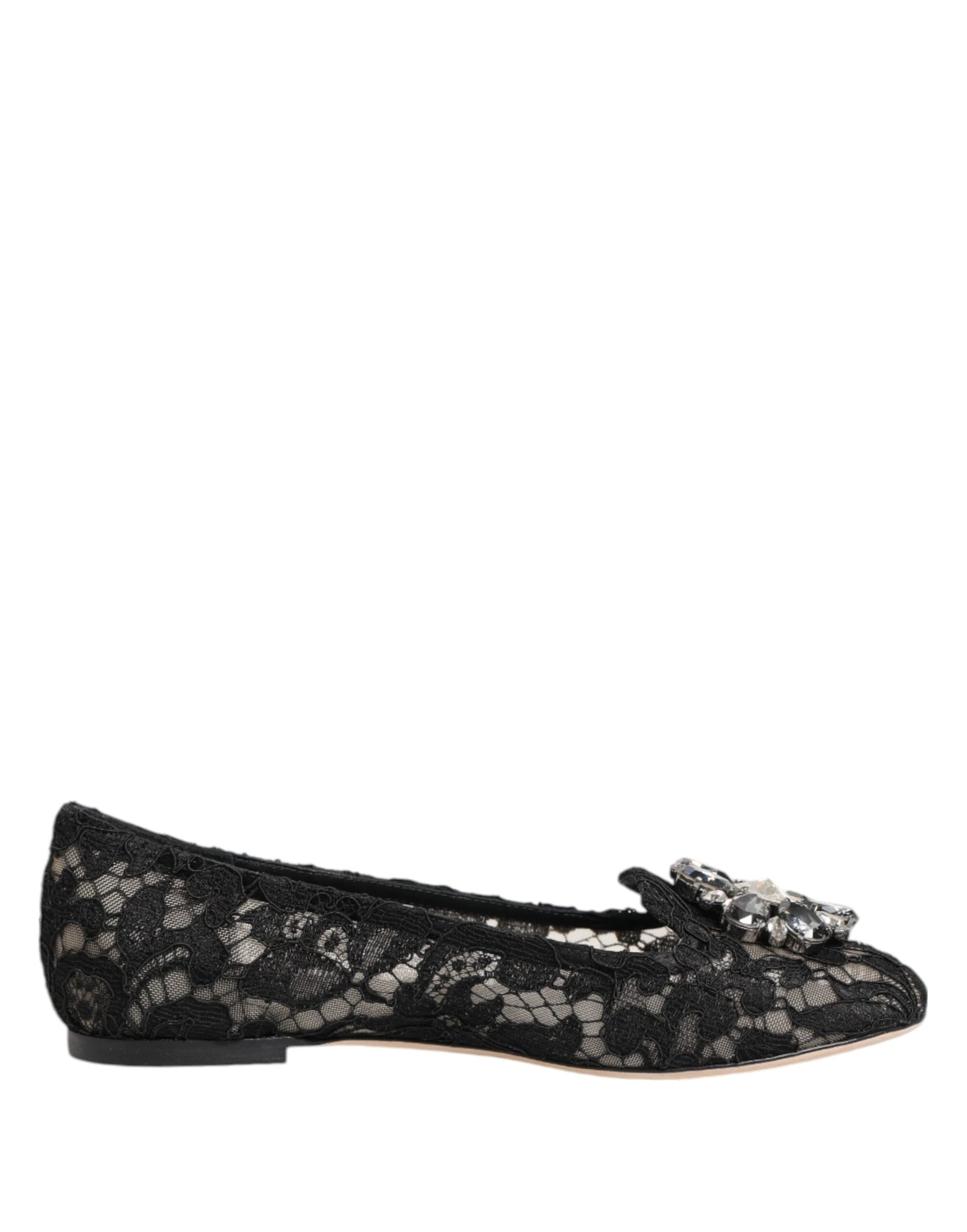 Dolce & Gabbana Black Taormina Lace Crystals Flats Shoes | Regal Royce
