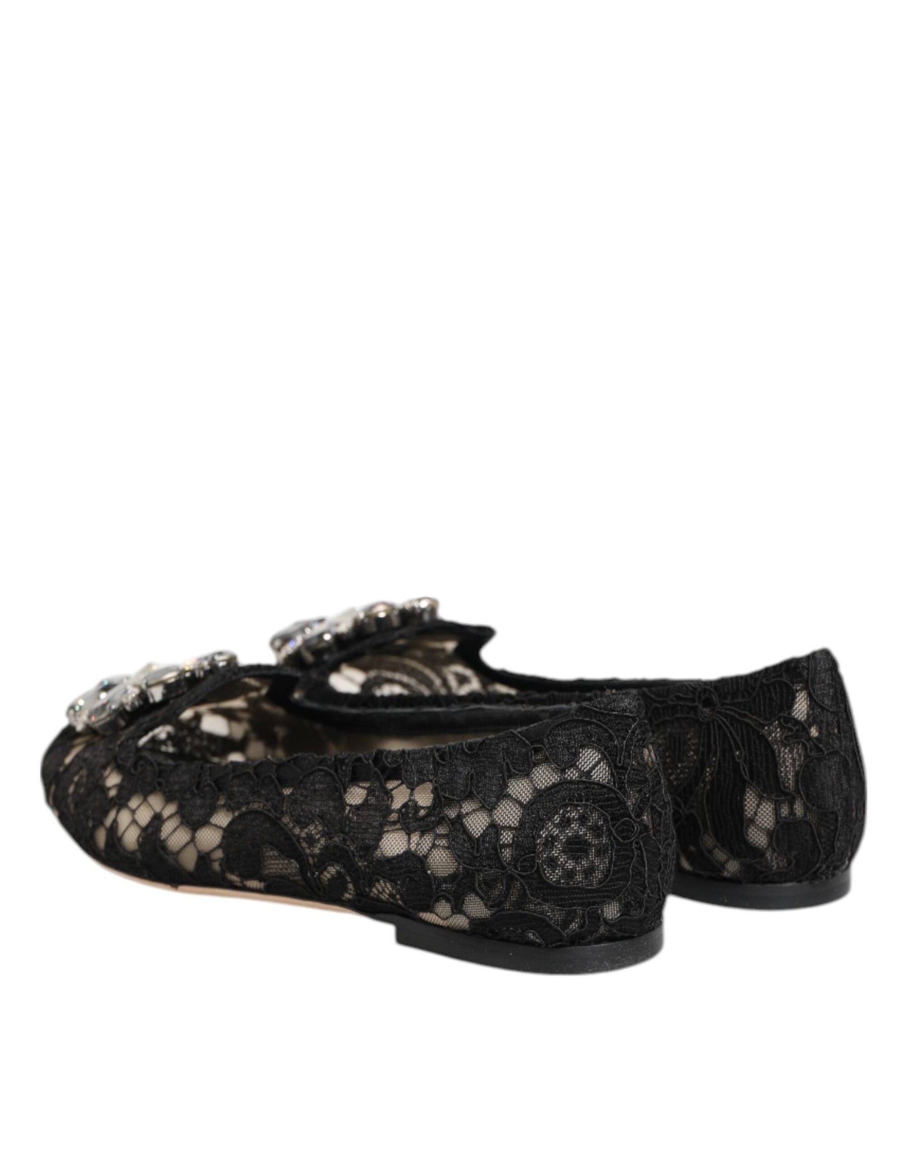 Dolce & Gabbana Black Taormina Lace Crystals Flats Shoes | Regal Royce