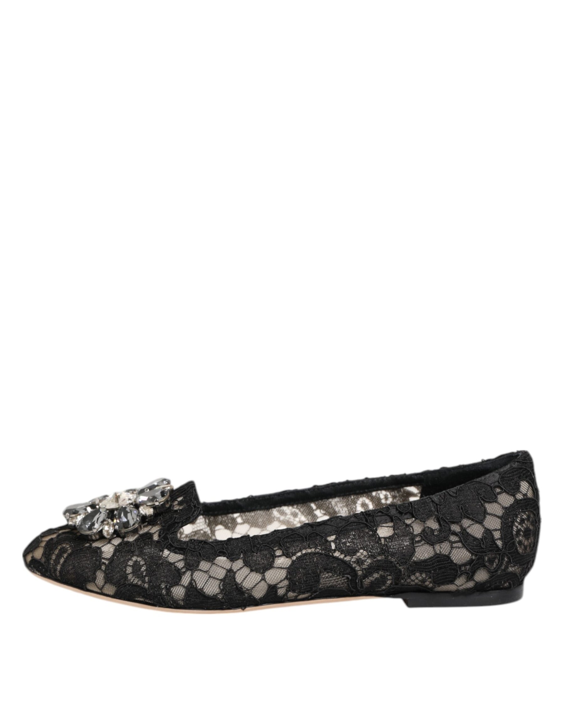 Dolce & Gabbana Black Taormina Lace Crystals Flats Shoes | Regal Royce