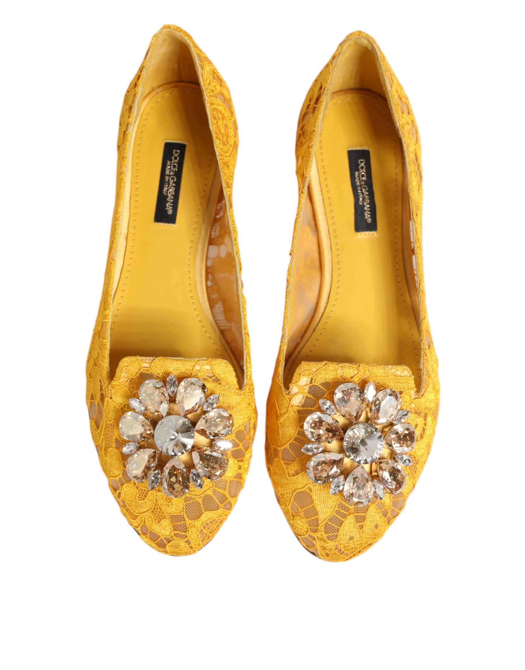Dolce & Gabbana Yellow Taormina Lace Crystals Flats Shoes | Regal Royce