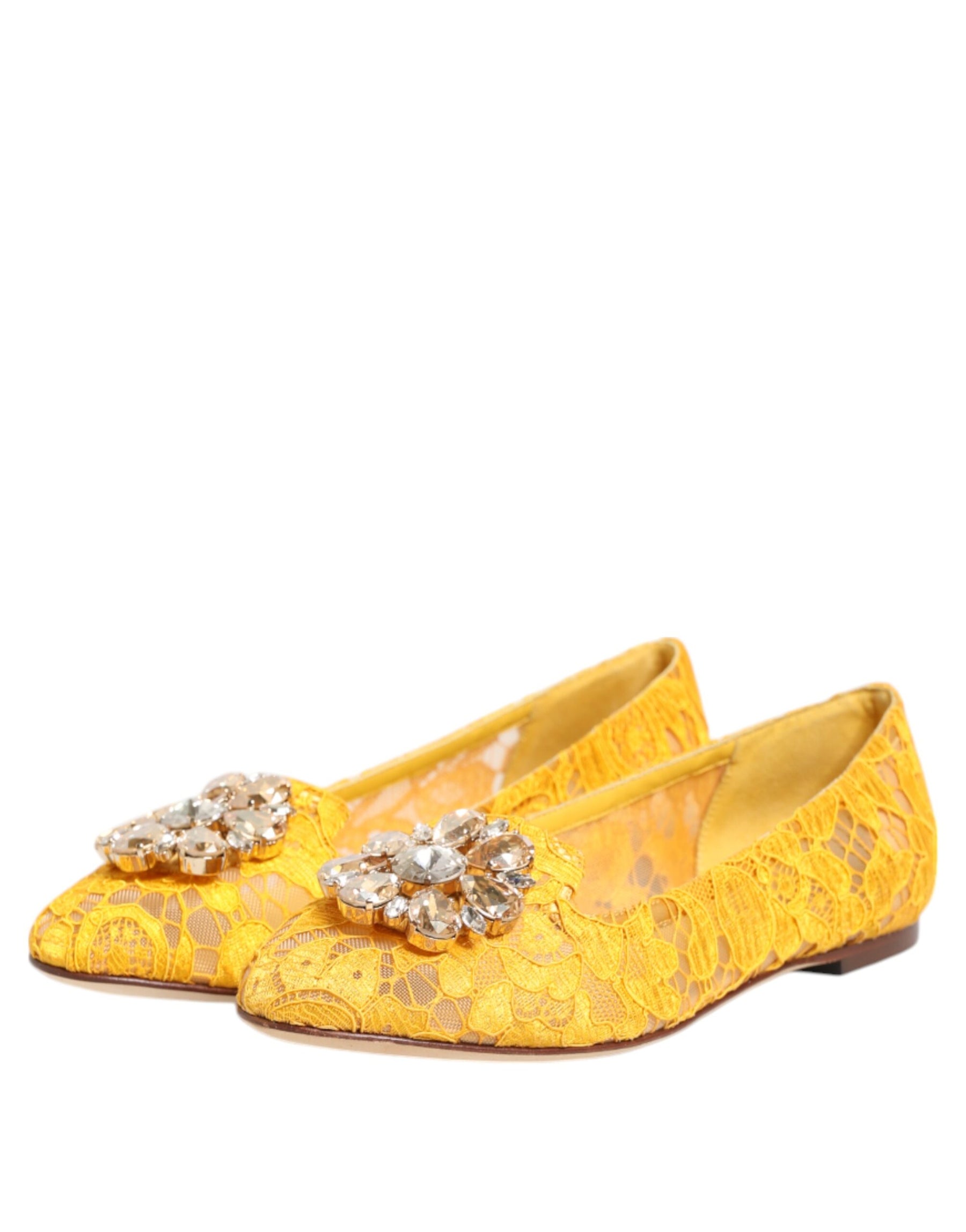 Dolce & Gabbana Yellow Taormina Lace Crystals Flats Shoes | Regal Royce