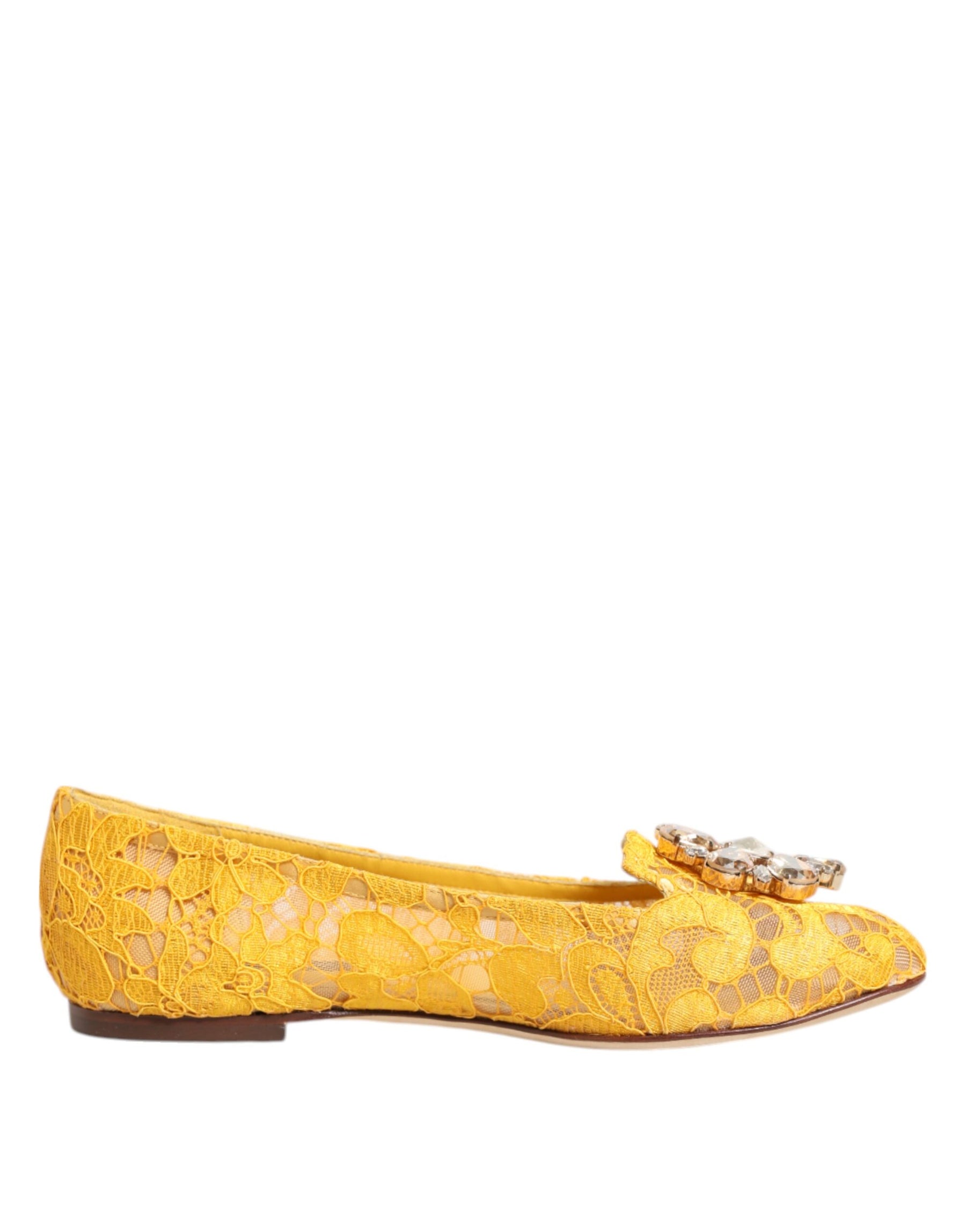 Dolce & Gabbana Yellow Taormina Lace Crystals Flats Shoes | Regal Royce