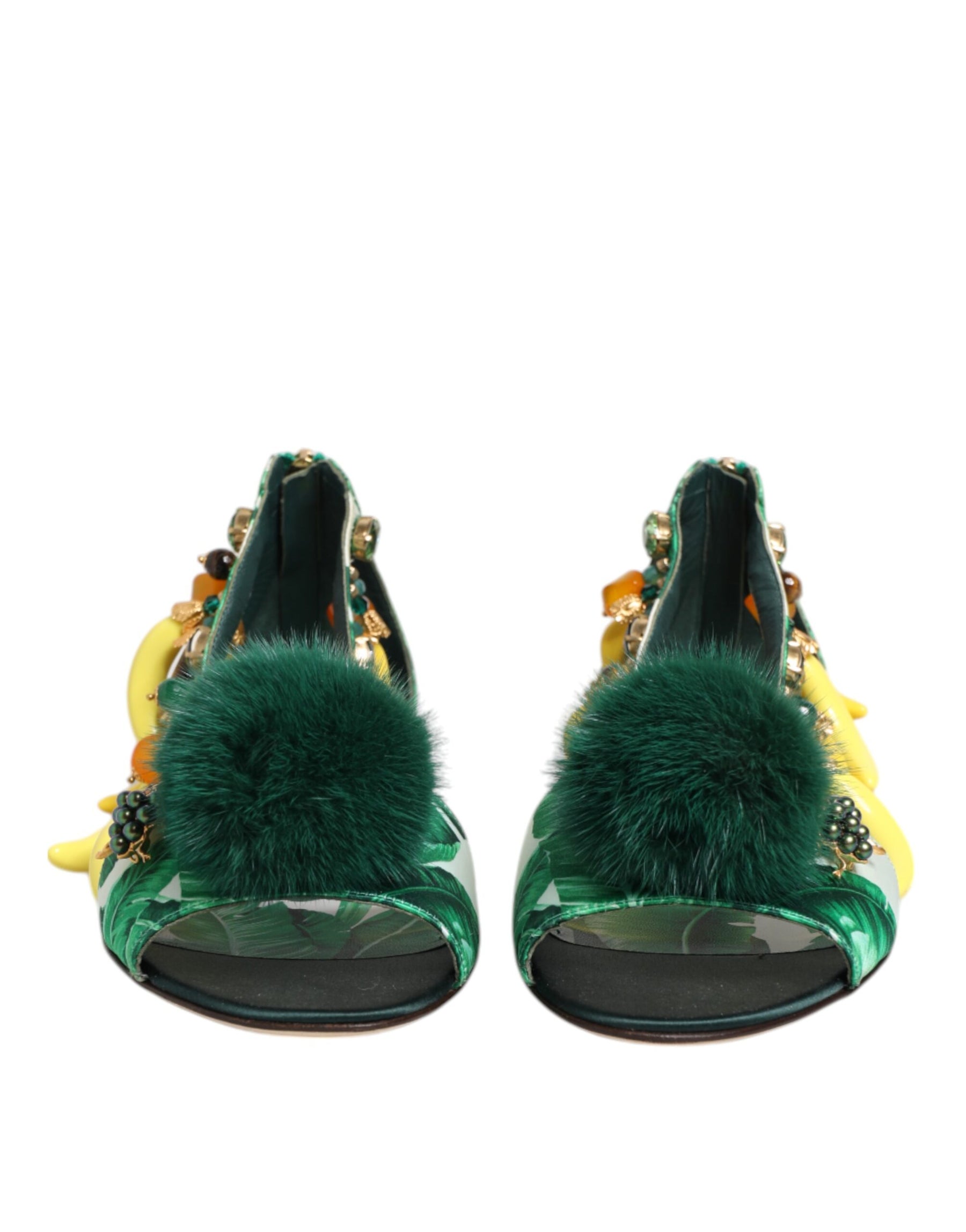 Dolce & Gabbana Green Mink Fur Satin Banana Leaf Sandals Shoes | Regal Royce