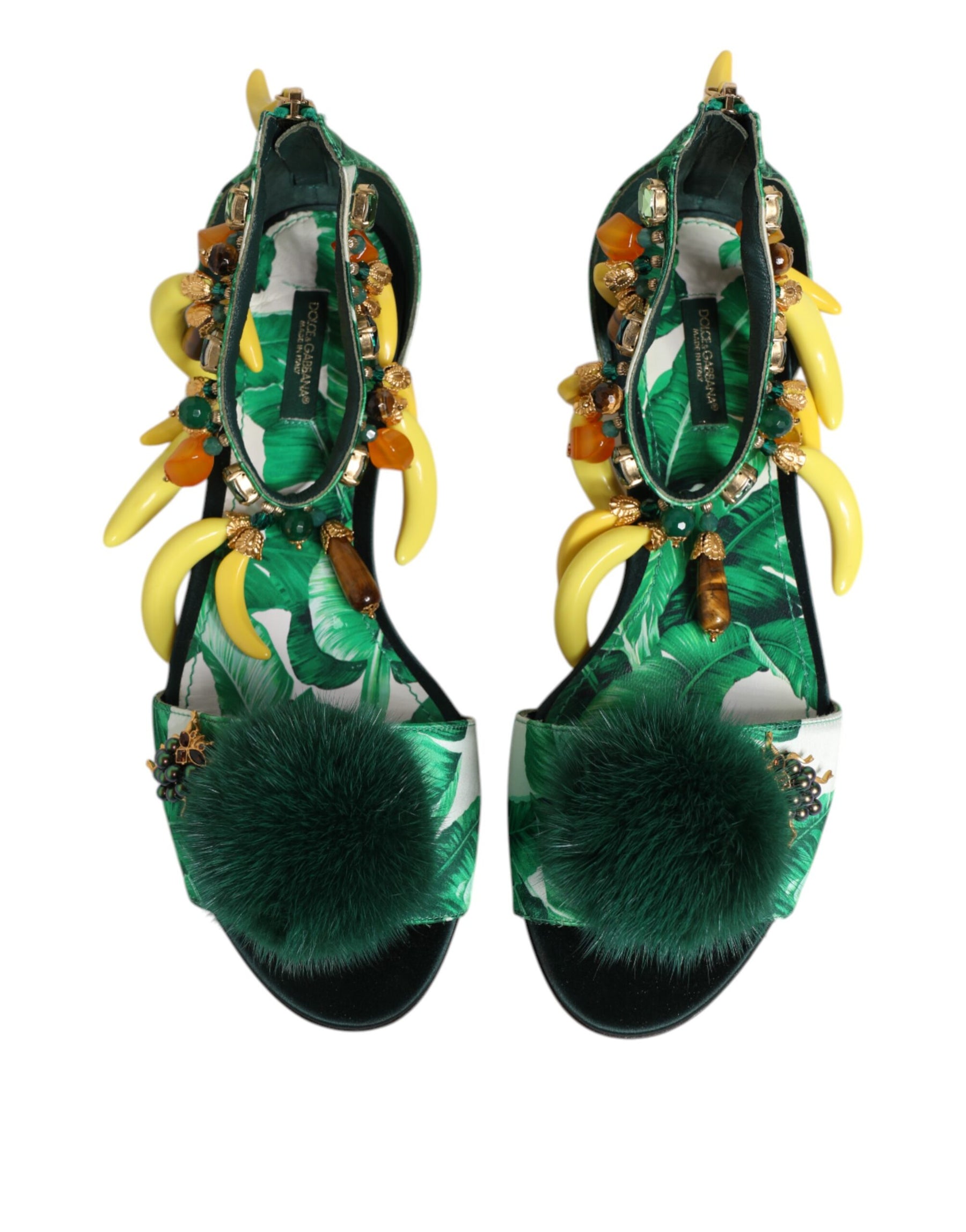 Dolce & Gabbana Green Mink Fur Satin Banana Leaf Sandals Shoes | Regal Royce