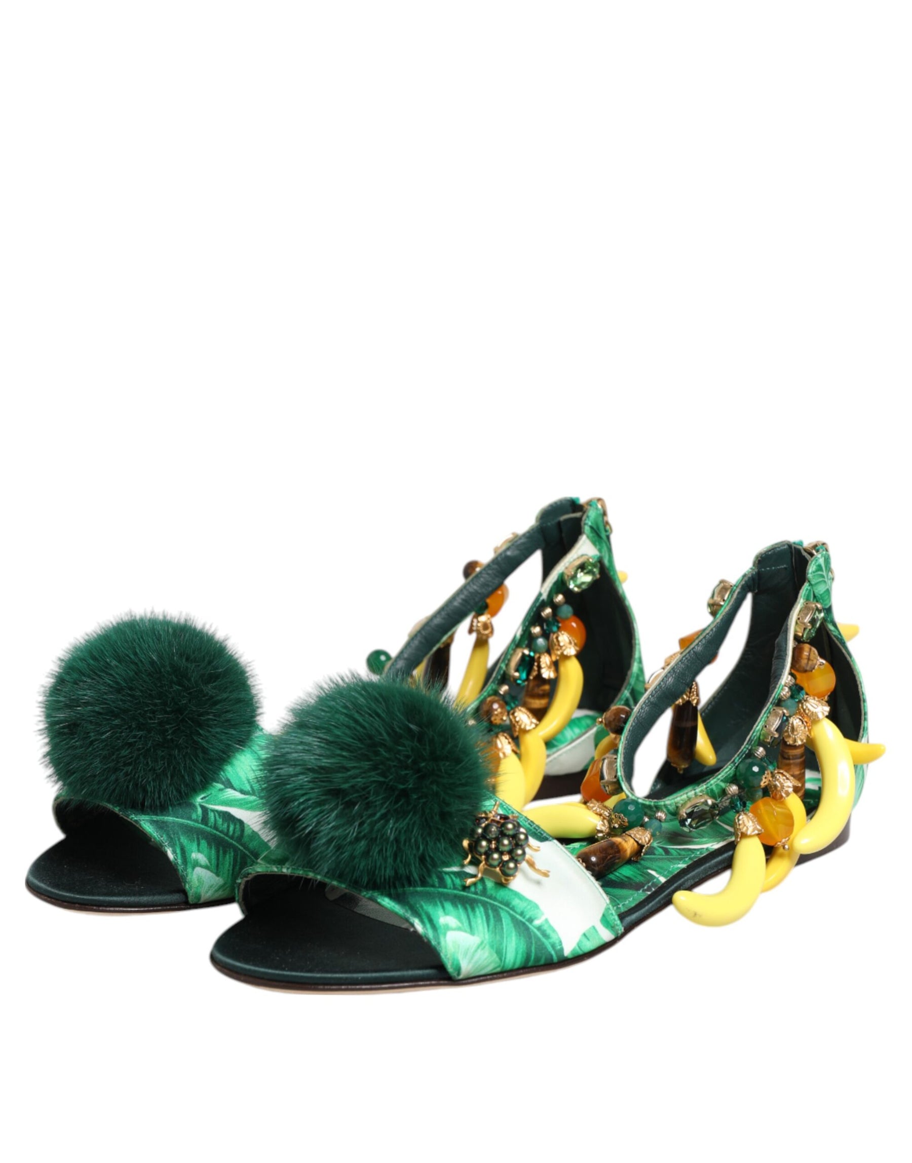 Dolce & Gabbana Green Mink Fur Satin Banana Leaf Sandals Shoes | Regal Royce