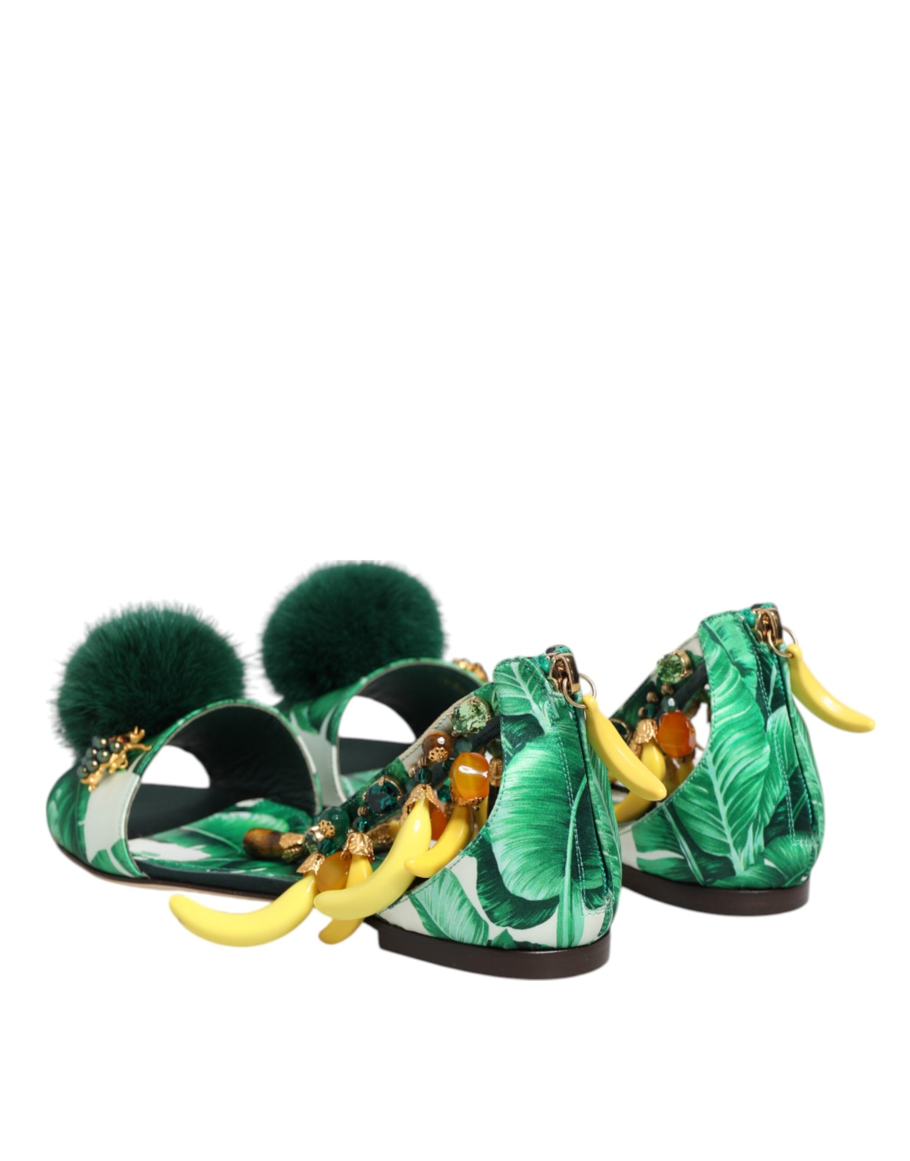 Dolce & Gabbana Green Mink Fur Satin Banana Leaf Sandals Shoes | Regal Royce
