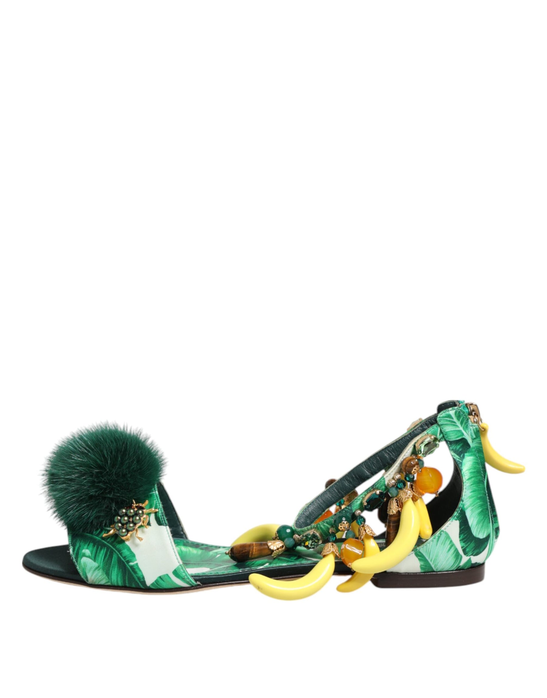 Dolce & Gabbana Green Mink Fur Satin Banana Leaf Sandals Shoes | Regal Royce