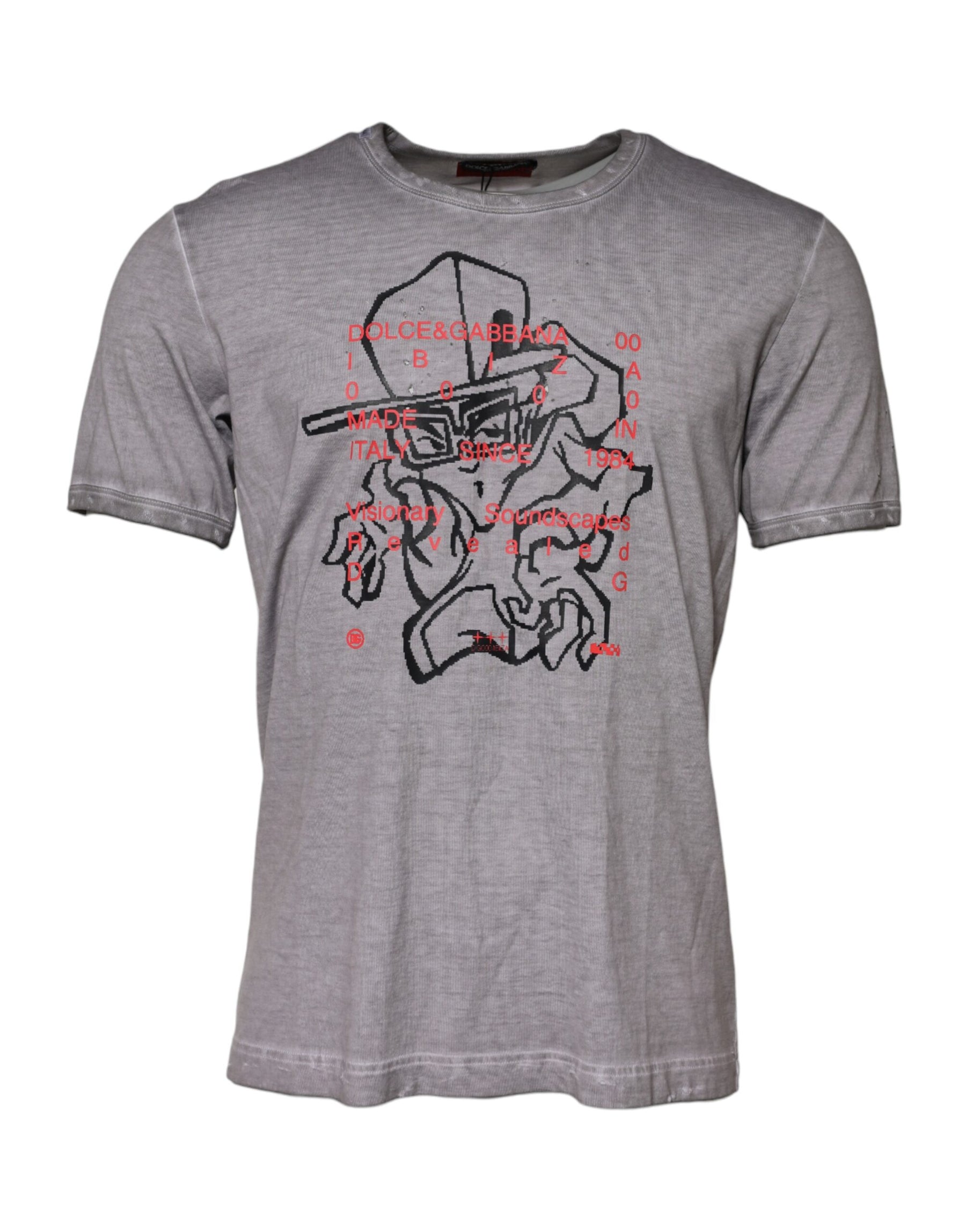 Dolce & Gabbana Gray Graphic Print Cotton Crew Neck T-shirt | Regal Royce