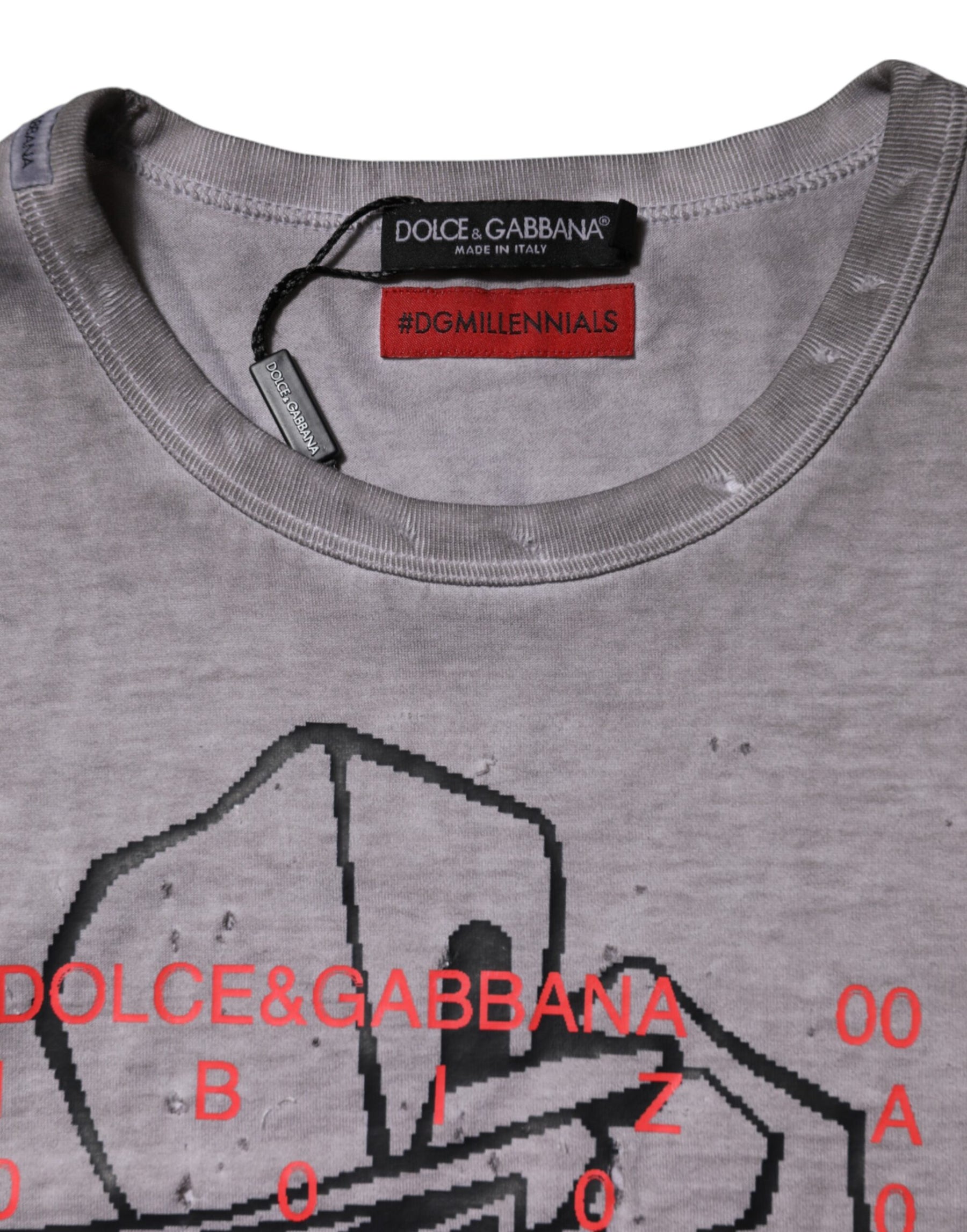 Dolce & Gabbana Gray Graphic Print Cotton Crew Neck T-shirt | Regal Royce